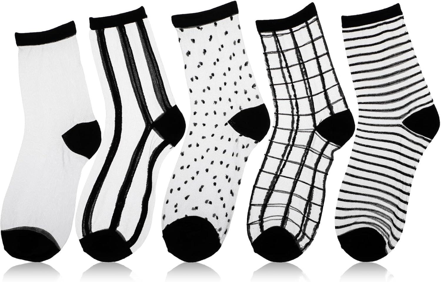 Lusofie 5 Pairs Sheer Black See-Through Socks - Checkered Dot Striped 