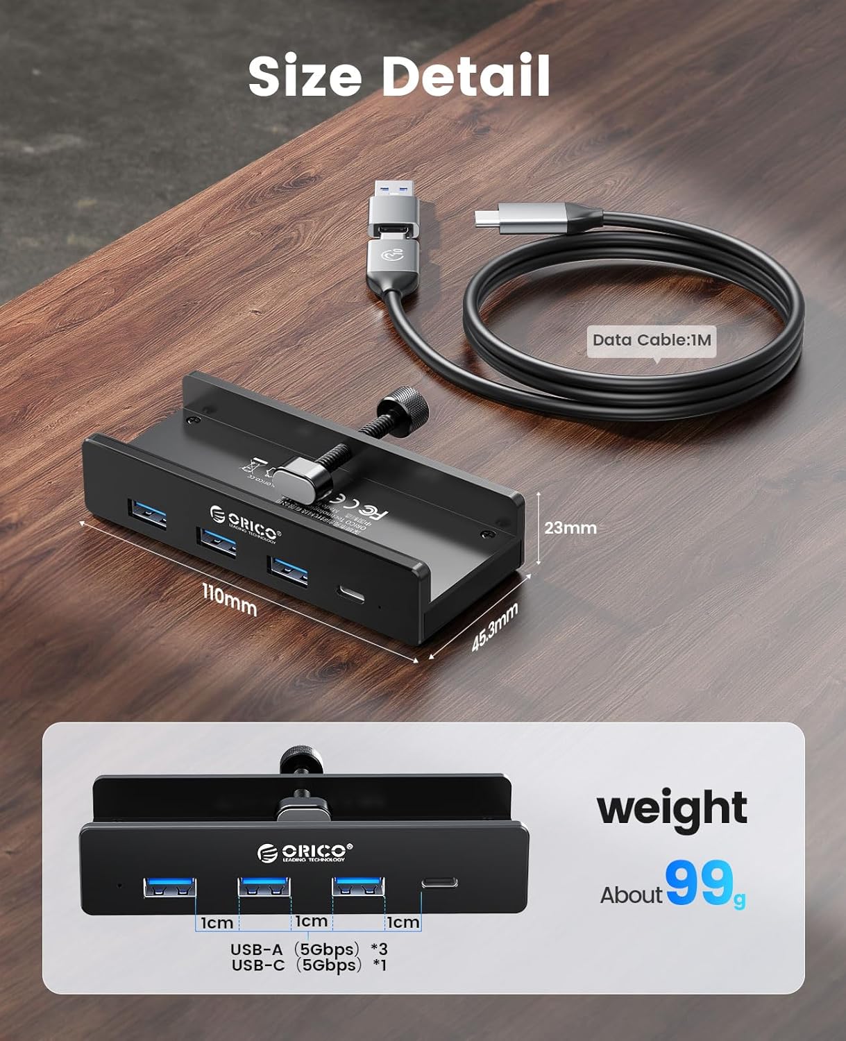 ORICO USB Hub 3.0, Clamp USB Hub with Extra Power Supply Port, Aluminu
