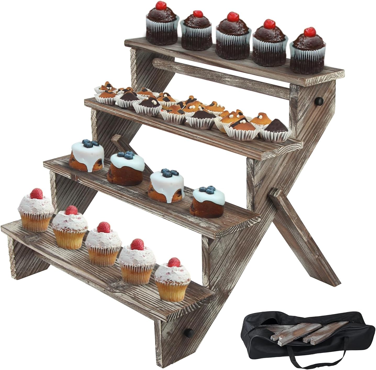 J JACKCUBE DESIGN Rustic Wood Display Stand, 4 Tier Cupcake Stand Stair Shelf, Portable Display Riser, Included Bag for Storage, Decorative Dessert Stand - MK578A