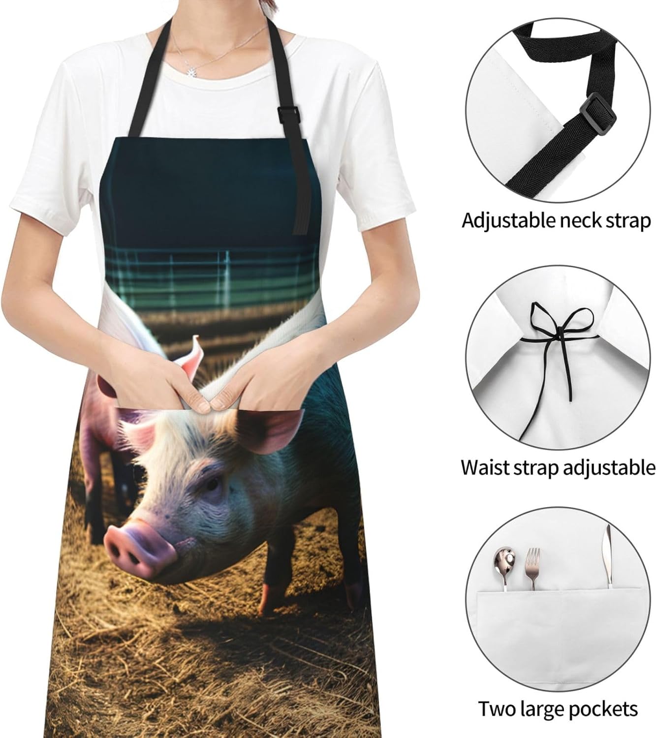 Pigs in Farm Print 28x33 In Adult Kitchen Apron with Pockets Versatile
