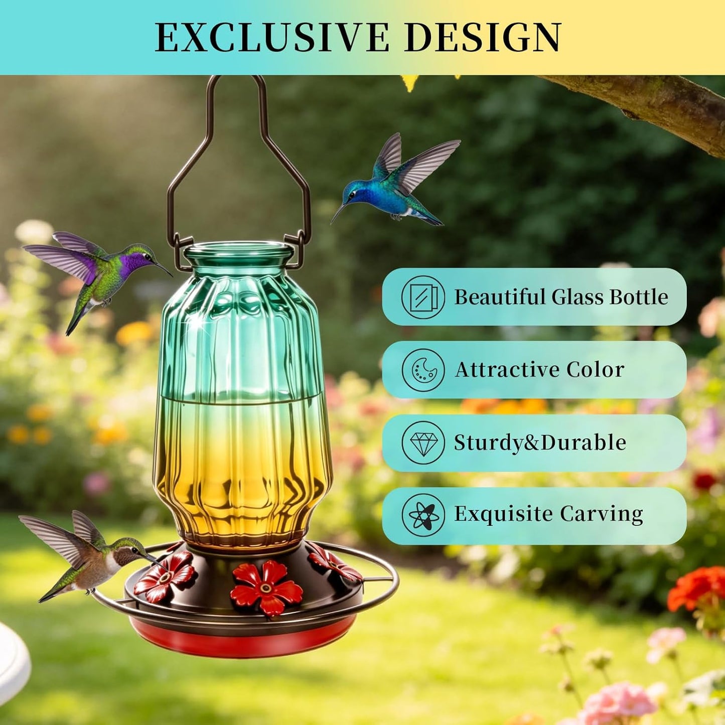 Glass Hummingbird Feeder for Outdoors Hanging, 16Oz Bird Nectar Feeder with Perch & 5 Flower Feeding Ports, Leak Proof for Outside Garden Decor Backyard, Gifts for Women Mom, Green