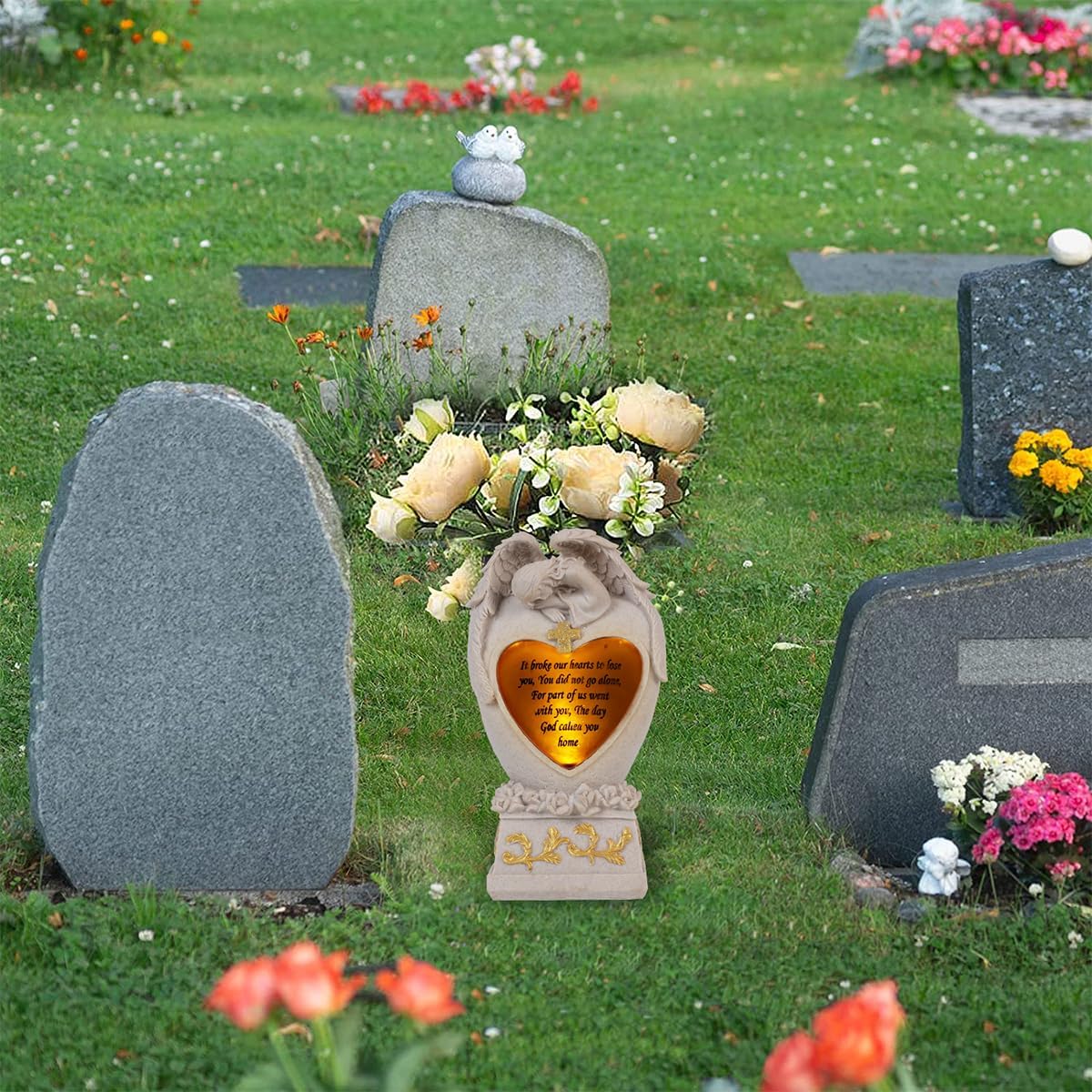 Cemetery Decorations for Grave, Garden Angel, Solar Lights, Family Memorial Statue, Funeral Gift, LED Vase, Crying Angel (Beige)