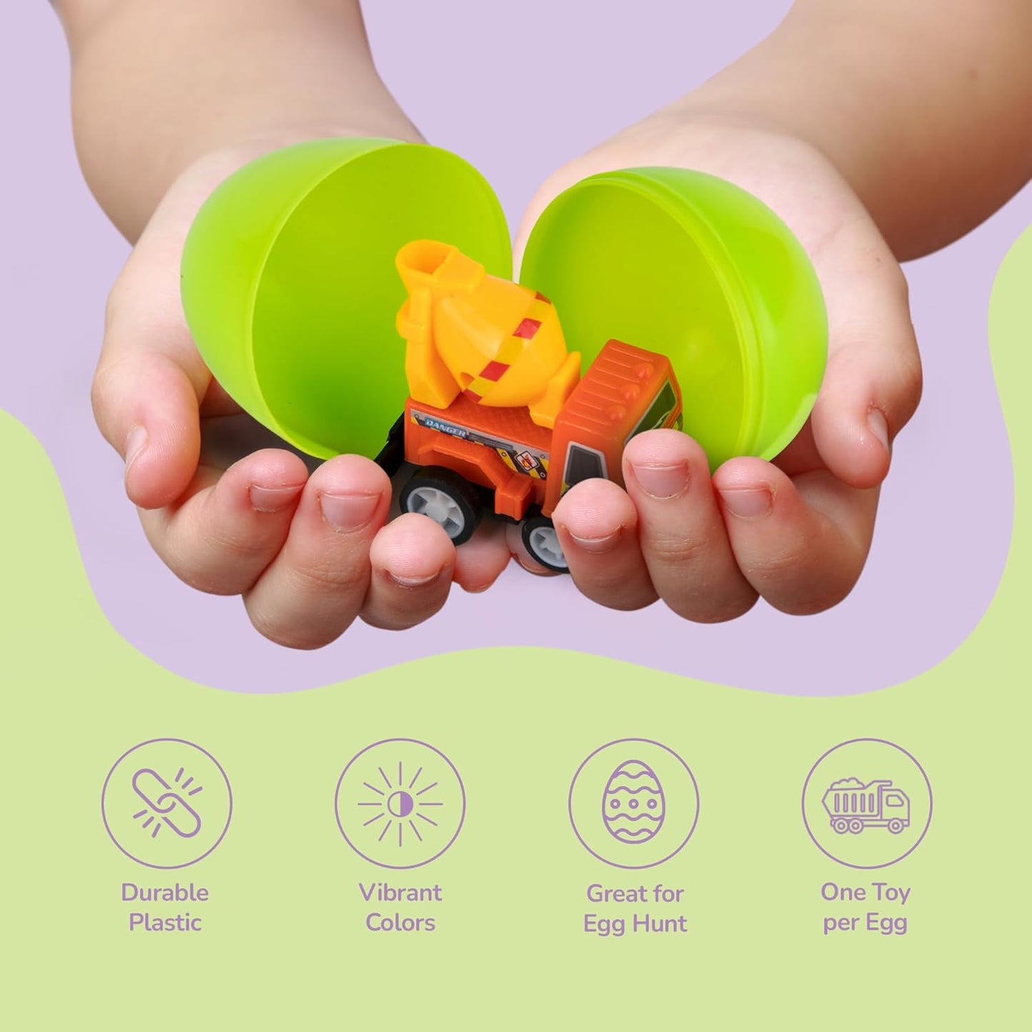 ArtCreativity Pre Filled Easter Eggs with Plastic Vehicles Inside - 12 Colorful Surprise Eggs for Kids with Pullback Construction Truck Toys - Easter Hunt Supplies - Basket Stuffers