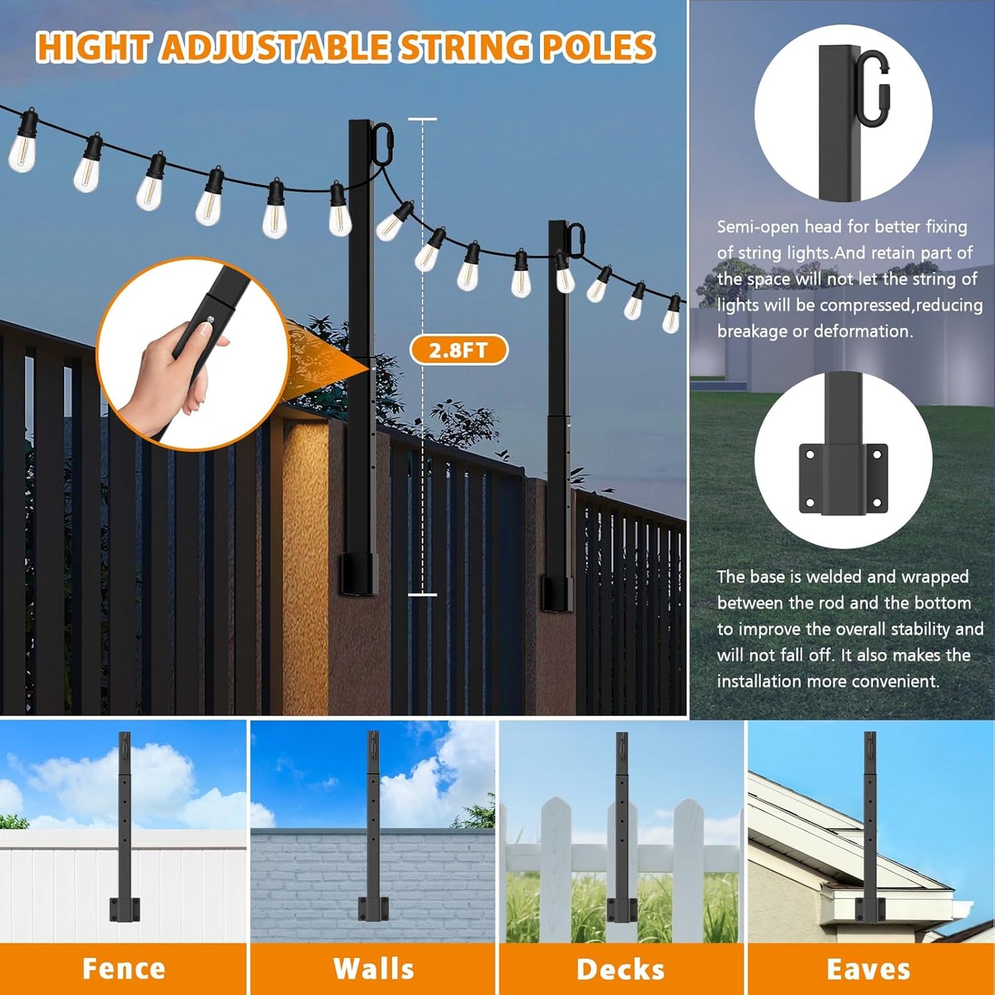 8 Pack 2.8Ft Suspension Outdoor String Light Poles for Outside String Lights Hanging,with Clip and Holder,Light Post Mounting Stand for Patio Fence Wall Garden Backyard Deck