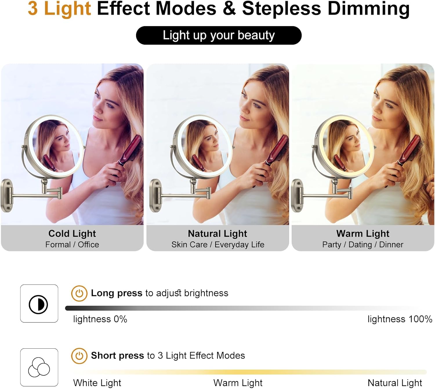 9" Wall Mounted Lighted Makeup Mirror,4000mAh Rechargeable Double Side
