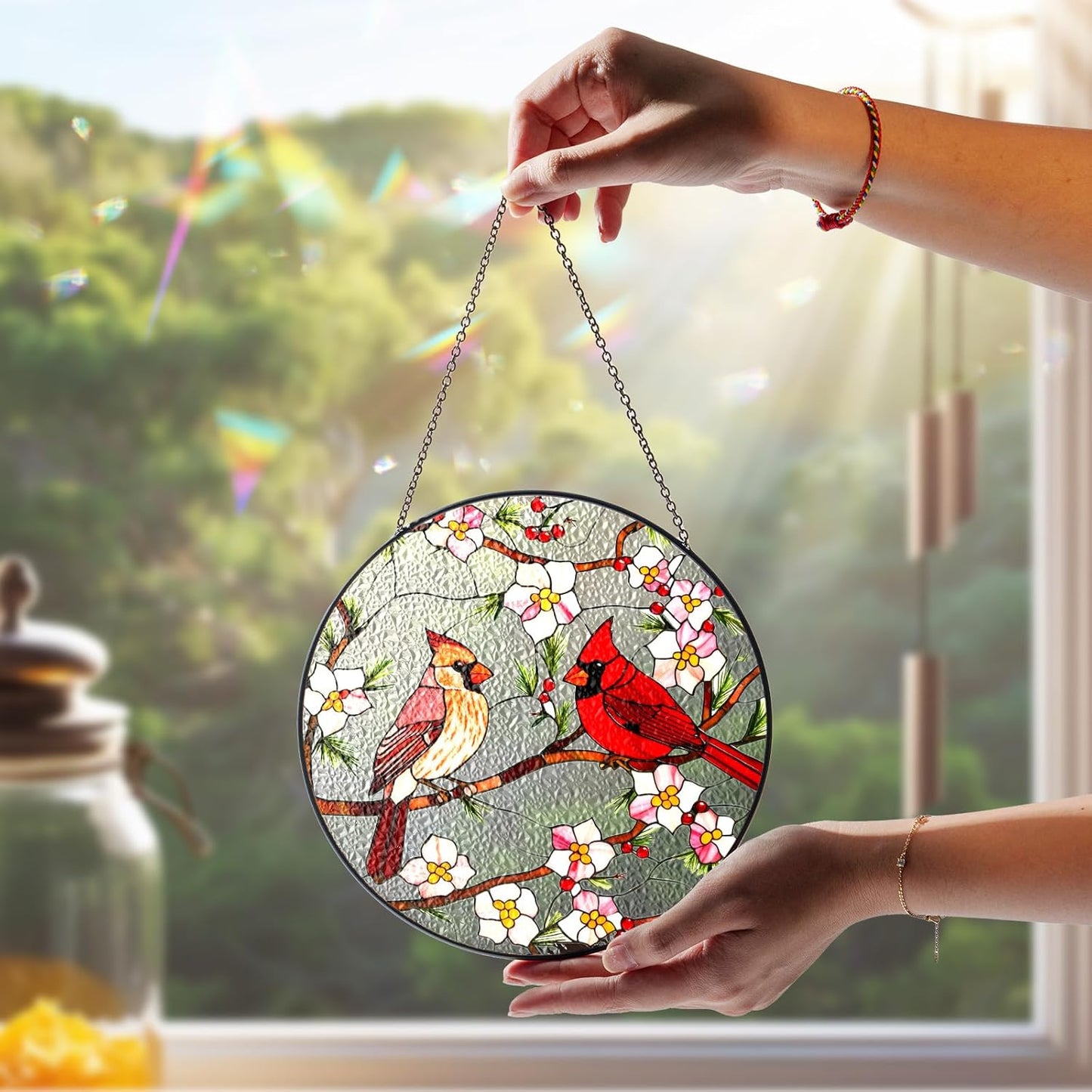 7.8" Cardinal Stained Glass Suncatcher Cardinal Bird Suncatcher Crystal Window Hanging Sun Catcher Red Birds for Window Cardinals Gifts for Women Mom Gift for Mothers Day Bird Decor Memorial Gift