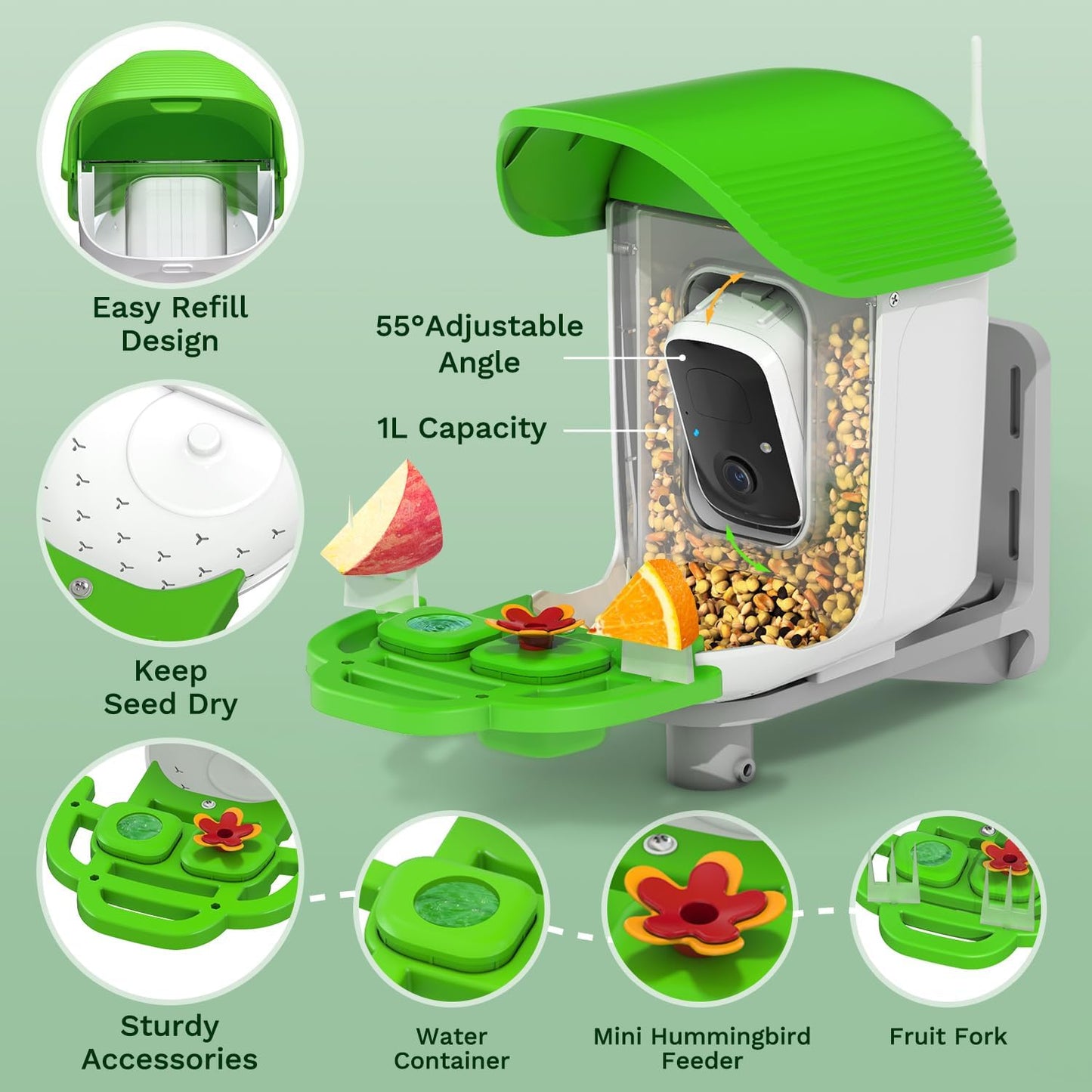 Smart Bird Feeder with Camera Solar Powered, AI Identify 11000+ Birds Species,2K Video Bird Feeder for Outdoors Garden,1L Large Capacity, for Birdlover,Green