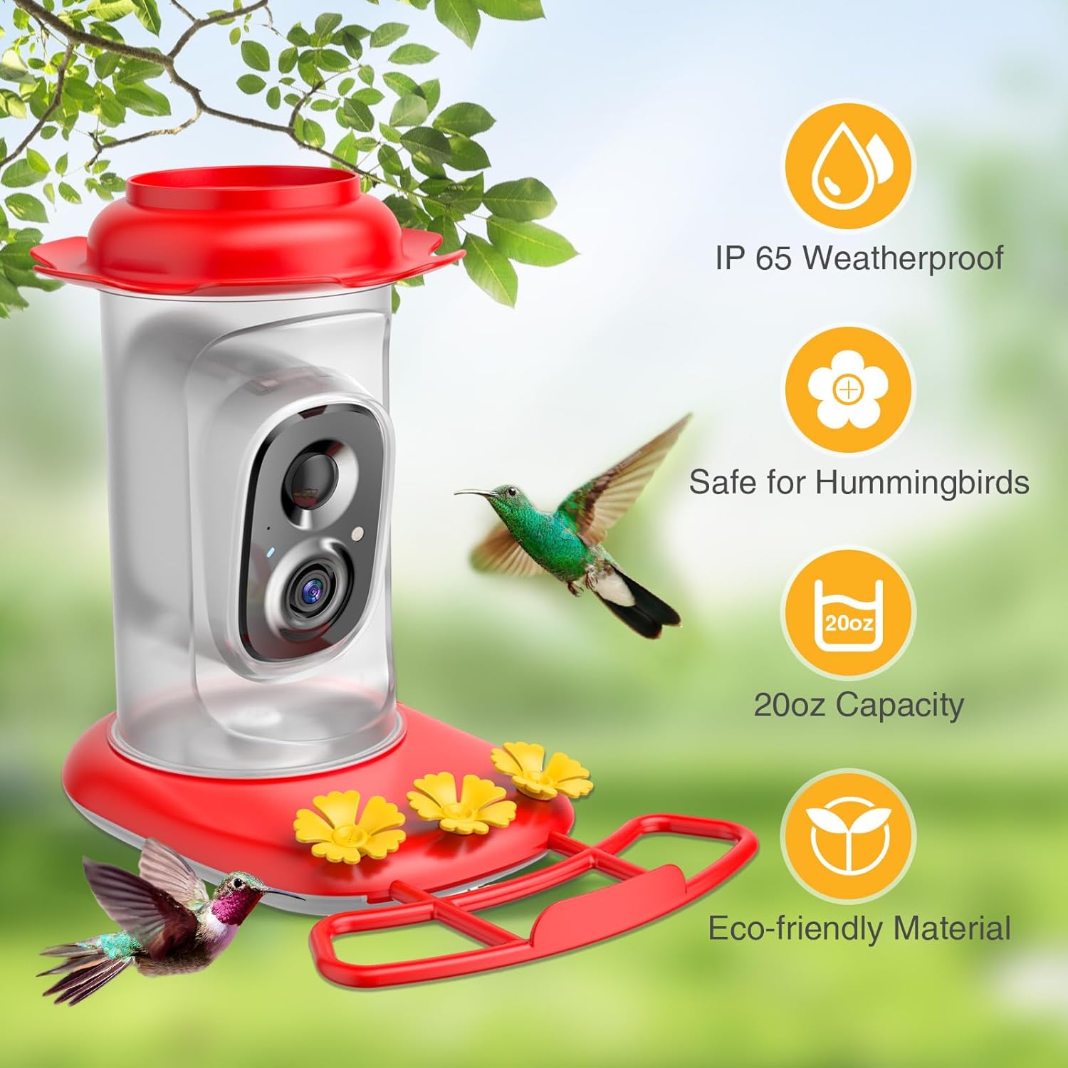 Hummingbird Feeder with Camera: Auto Capture & AI Bird ID, Wide Mouth 