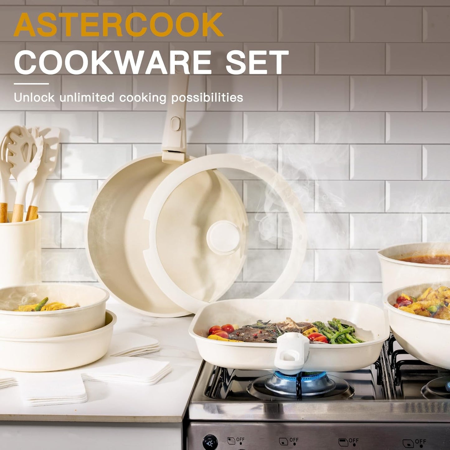 Astercook 23 Pcs Pots and Pans Non Stick Ceramic Cookware Set Detachab