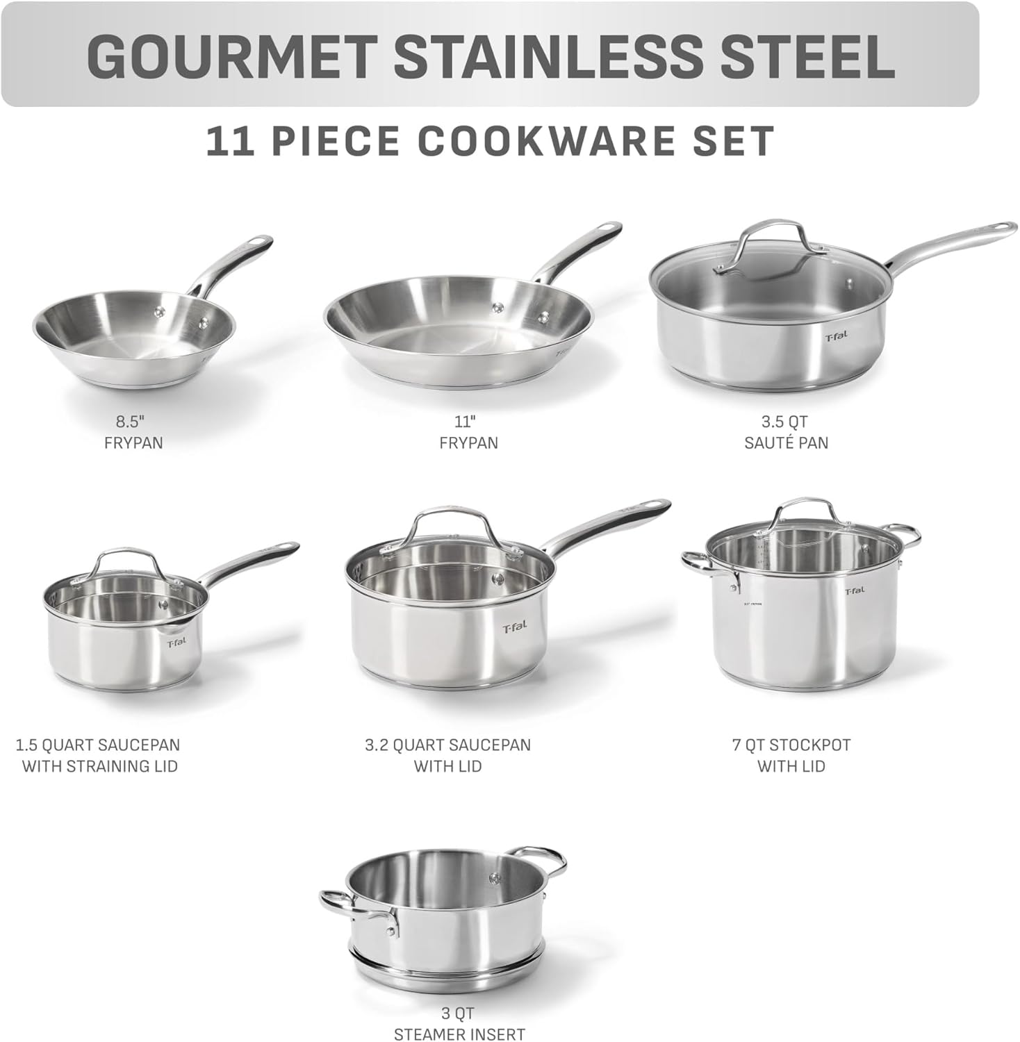 T-fal Stainless Steel Pots and Pans Set 11 Piece, Induction, Oven Broi