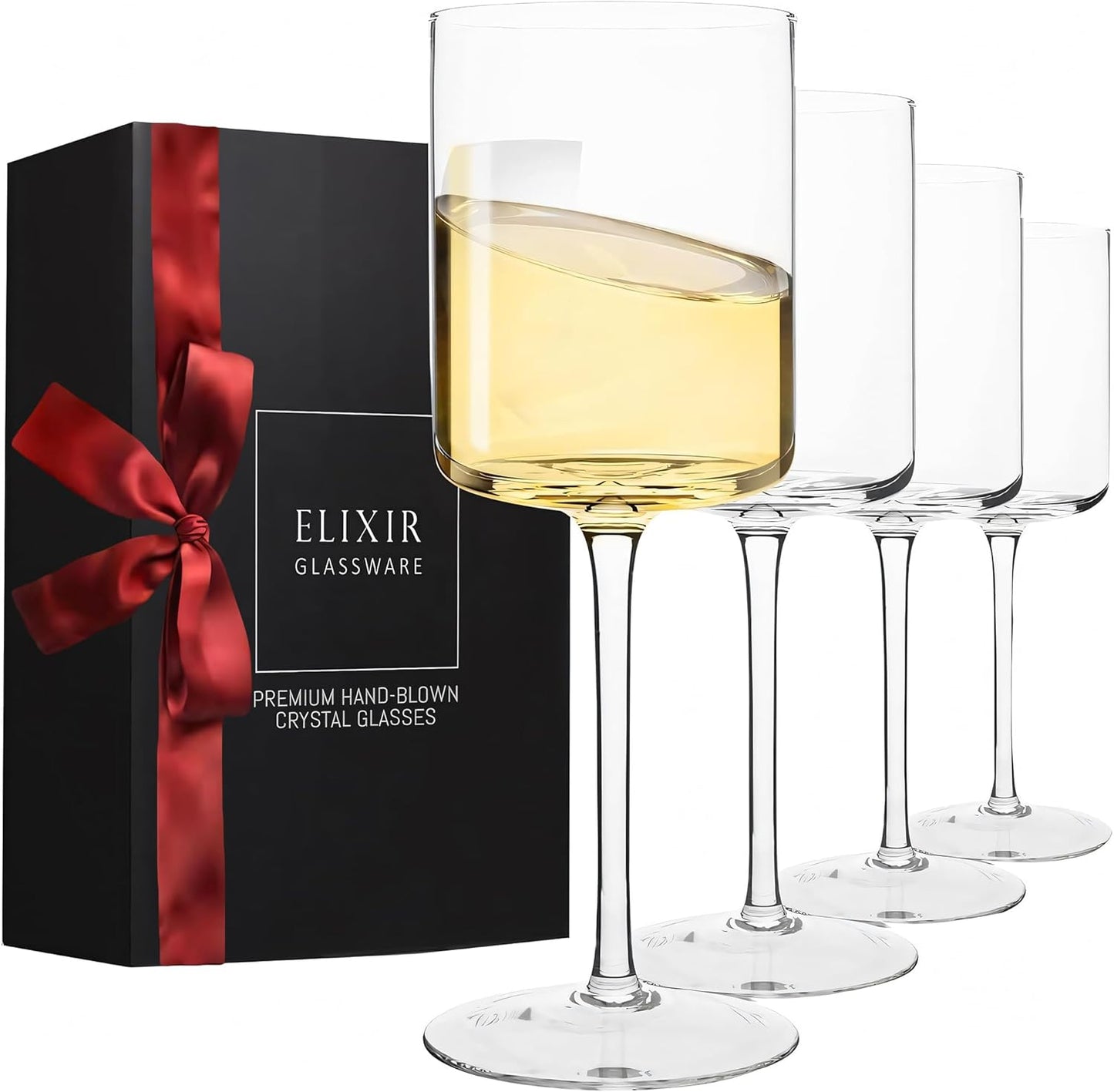 ELIXIR Premium Square White & Red Wine Glasses Set of 4-14oz - Unique 