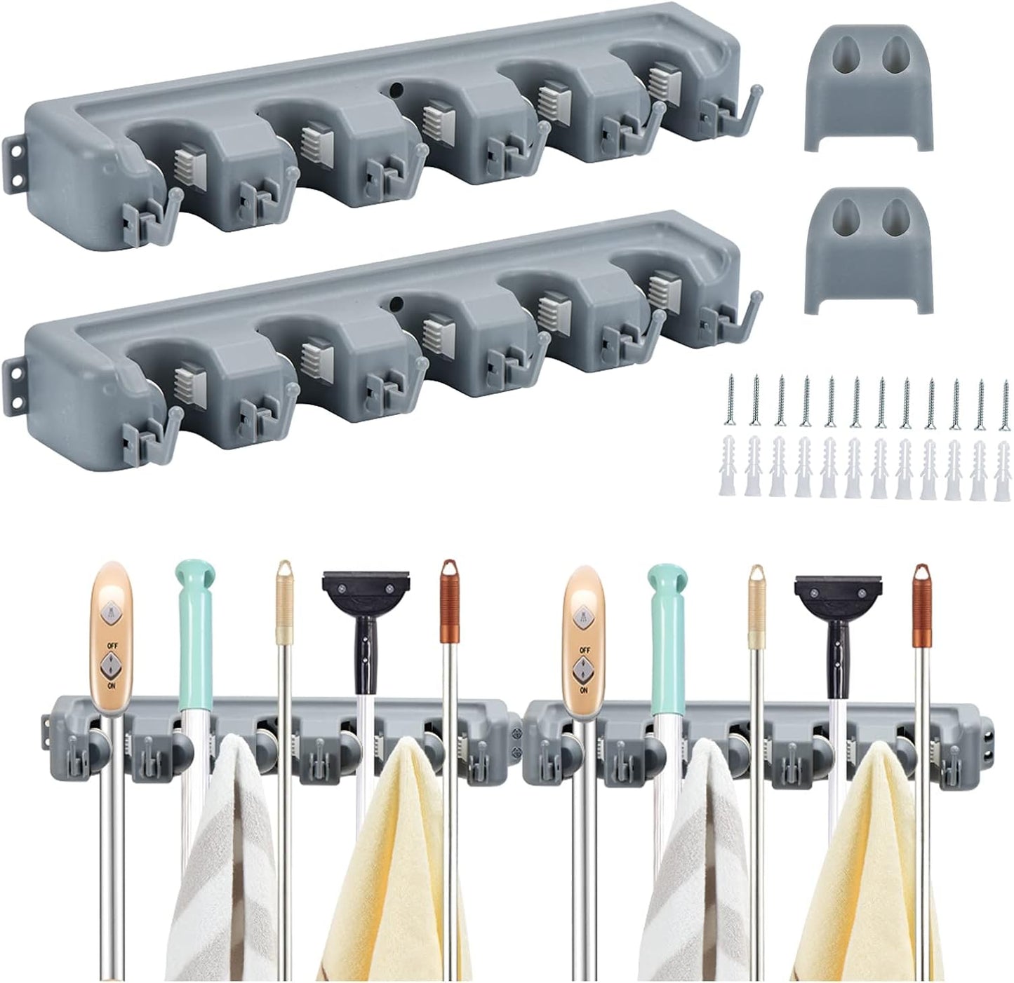HOME MASTER HARDWARE (2 Pack 16 in Broom Mop Holder Garage Storage Organizer with 5 Racks 6 Hooks Adjustable Wall Mounted Storage Tool for Lanudry Garage Kitchen Garden