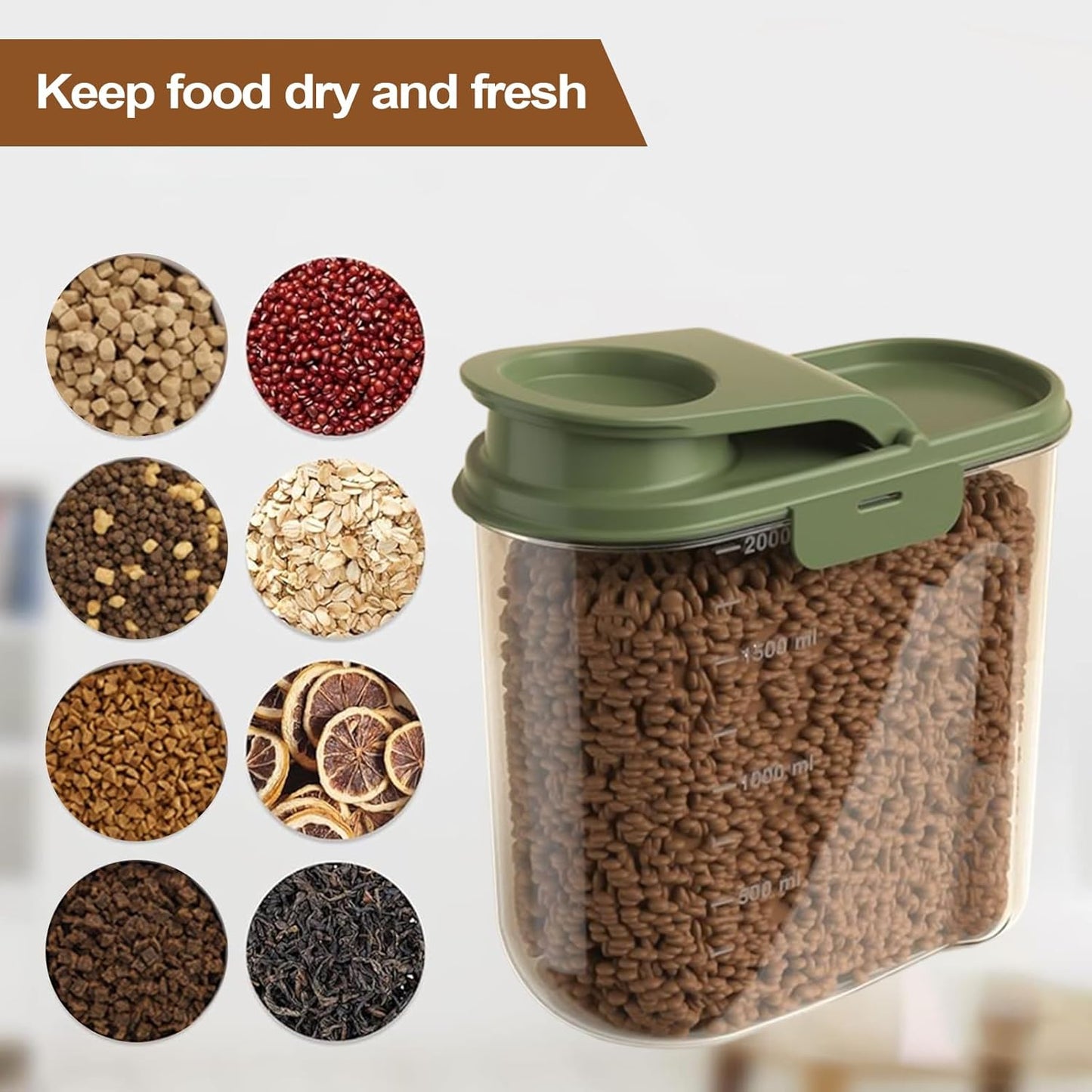 Pet Food Storage, 2L Animal Food Container, Transparent Airtight Dust-Proof Grain Dispenser for Home, Kitchen, Pantry & Garage