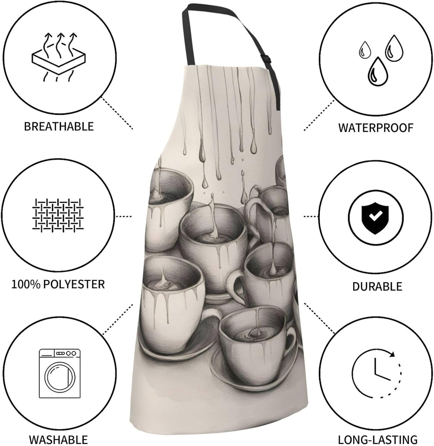 Hand Drawn Teapots and Cups print Waterproof chef's apron with pocket apron for kitchen cooking baking barbecue and gardening