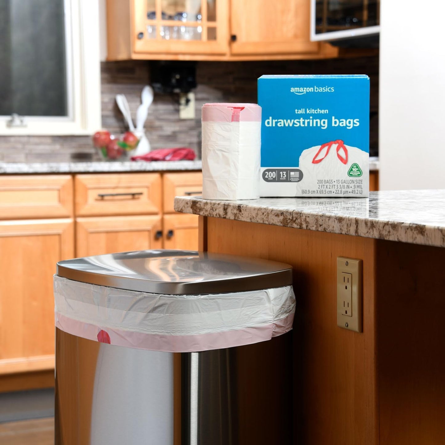 Amazon Basics 13 Gallon Tall Kitchen Drawstring Trash Bags, White with