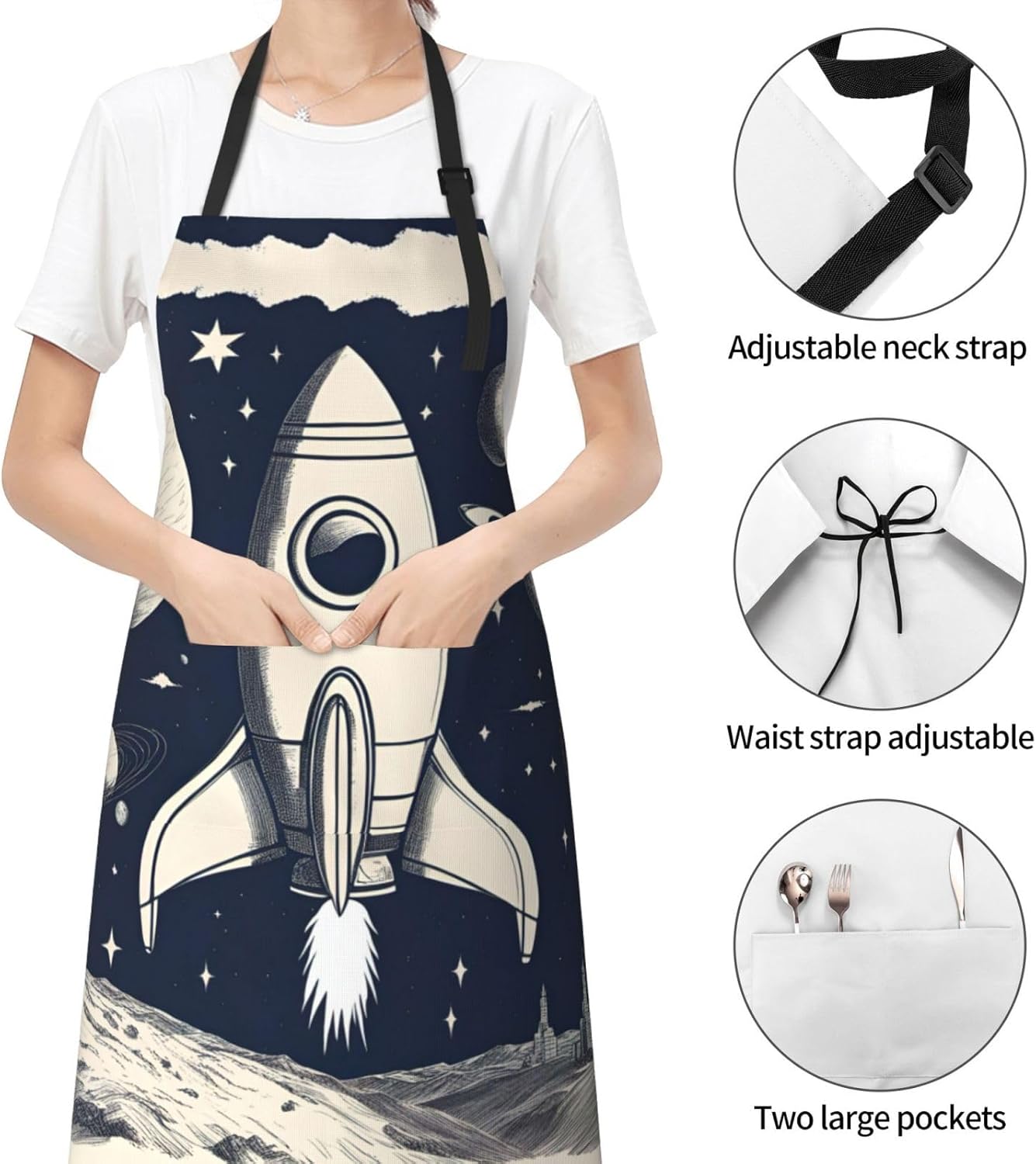 Rocket in Space print Waterproof chef's apron with pocket apron for ki
