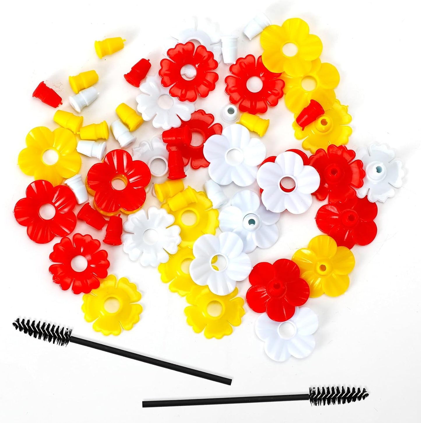30Pcs Hummingbird Feeder Parts Hummingbird Feeder Replacement Flowers with Cleaning Brush Pet Hummingbird Feeder for Hanging Feeding Hummingbird Outdoors, 3 Colors (White, Yellow, Red)
