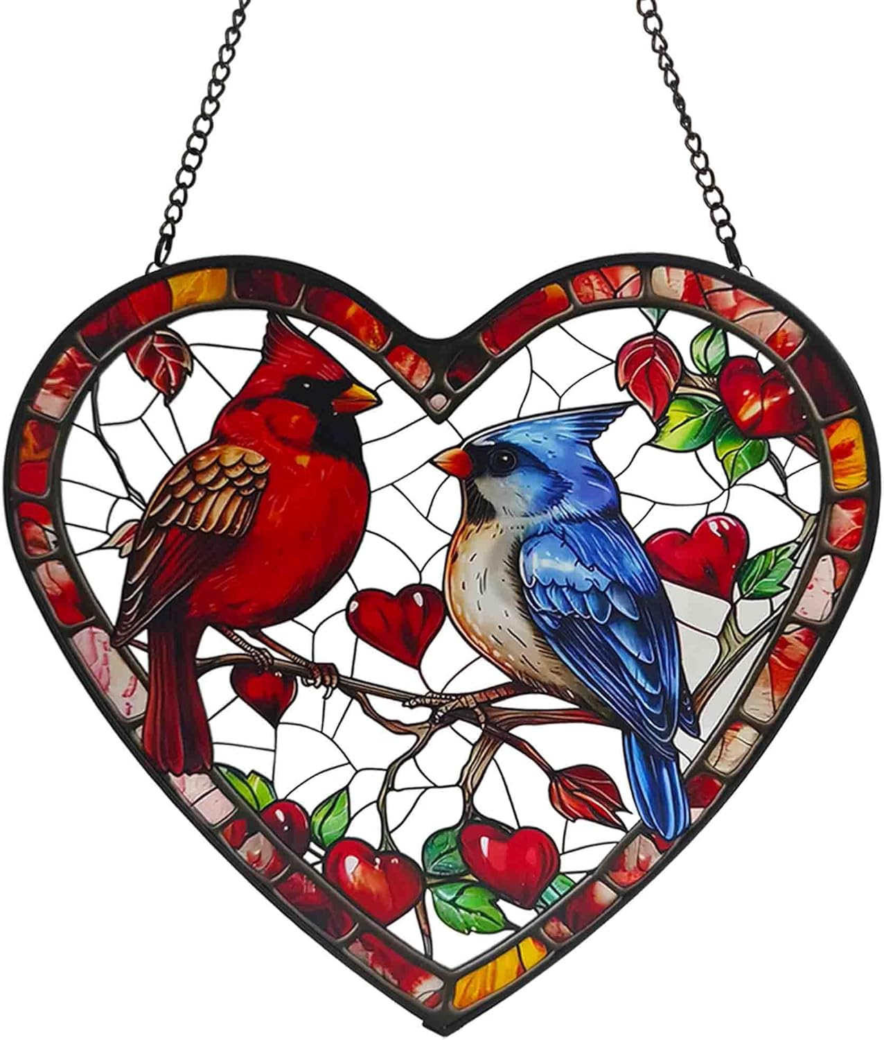 Heart-Shaped Stained Glass Window Hanging, 7.9 in Cardinal & Blue Jay Birds Sun Catcher Indoor Window Decor, Colorful Glass Art Panel for Home, Garden, Valentine’s Gift