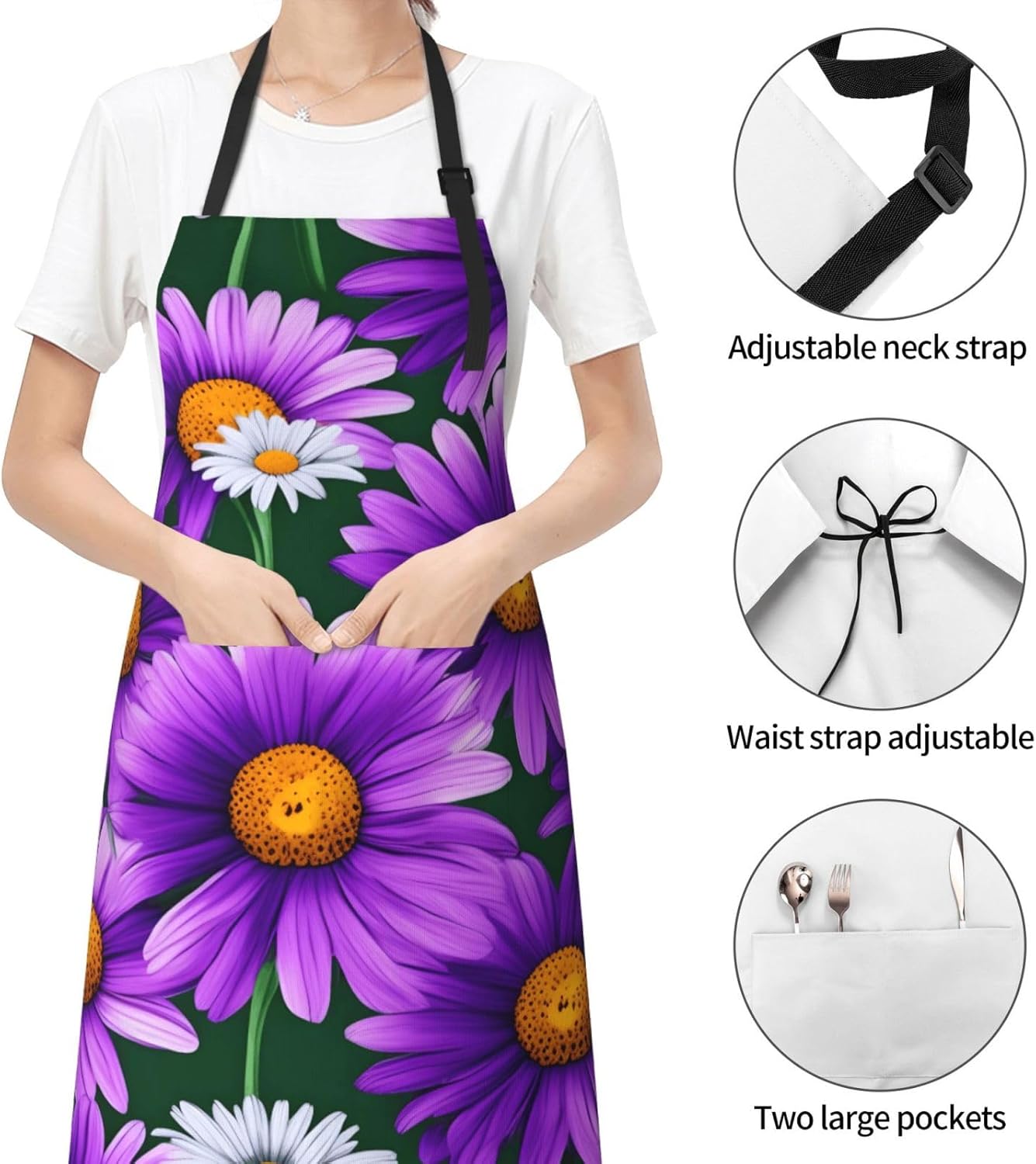 YANYU Purple Daisy Print 28x33 In Kitchen Apron Stylish Chef Apron wit