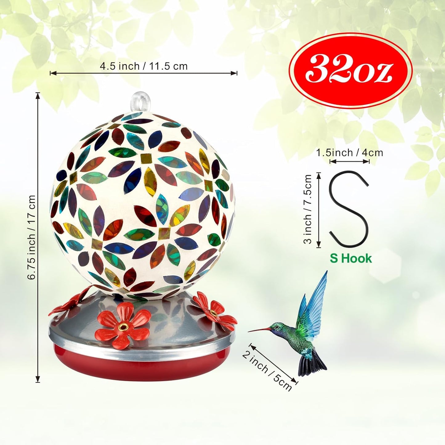Backyard Expressions Glass Hummingbird Feeder - Multicolor - Hummingbird Feeders for Outdoors Hanging, Hand Blown Glass Hummingbird Feeder