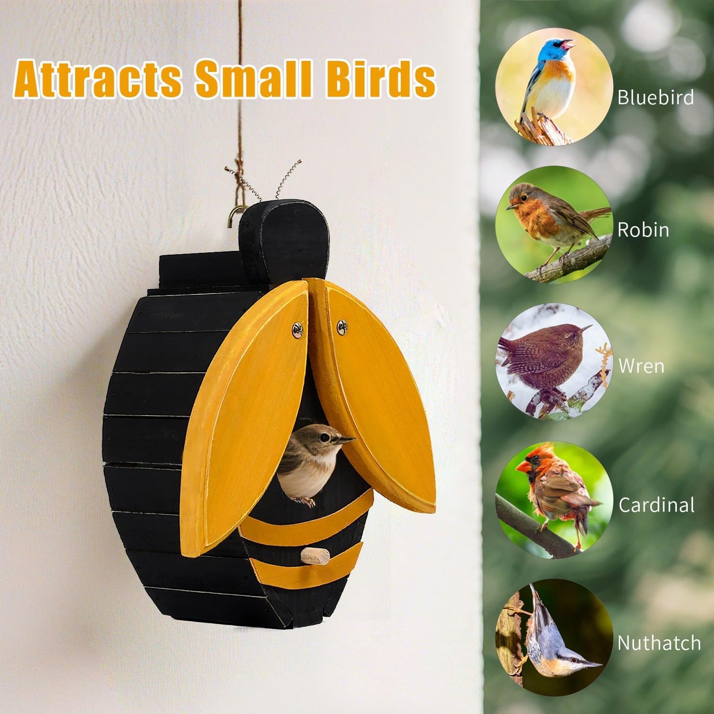 Bird Houses for Outside, Bee-Shaped Birdhouse Attracts Wild Birds (Bluebirds, Finches, Cardinals), Durable Wood Bird House with 4 cm Entrance Hole,Unique Garden Decor,Weather-Resistant