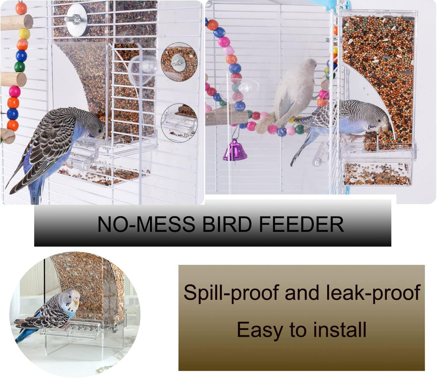 No Mess Bird Feeder,Bird Feeder for Cage,Automatic Acrylic Parakeet Feeder Cage Accessories for Small Birds Parrot Parakeets Canary Cockatiel Finch(Transparent)