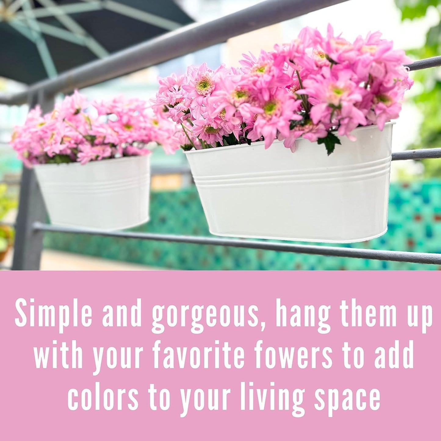 Maxona Metal Iron Hanging Flower Pots, 6 Pack, 9.8 Inch Oval White Railing Fence Hanging Bucket Pots Countryside Style Window Flower Plant Holder with Detachable Hooks Home Décor
