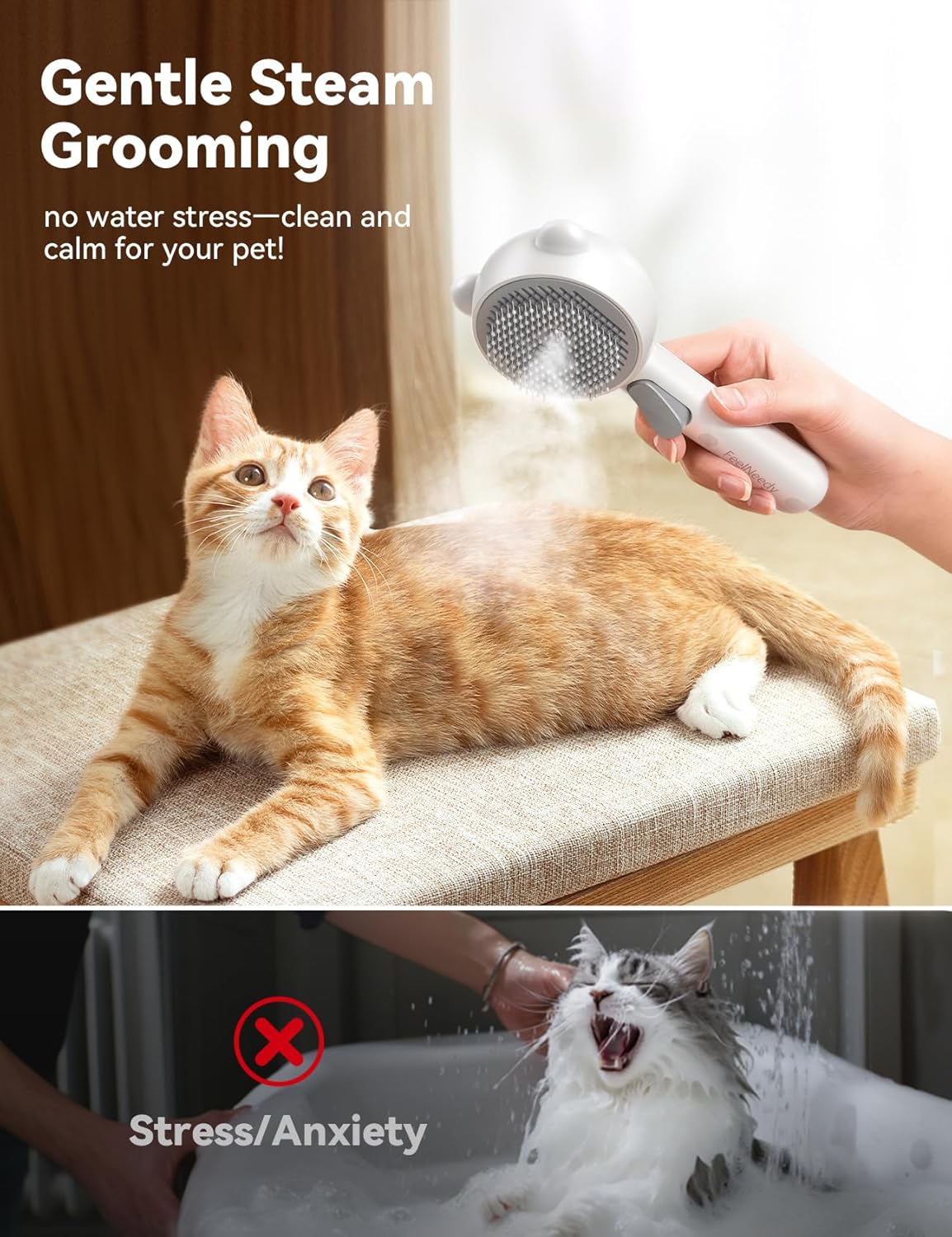 FEELNEEDY Cat Steam Brush, Brushes for Indoor Cats with Release Button