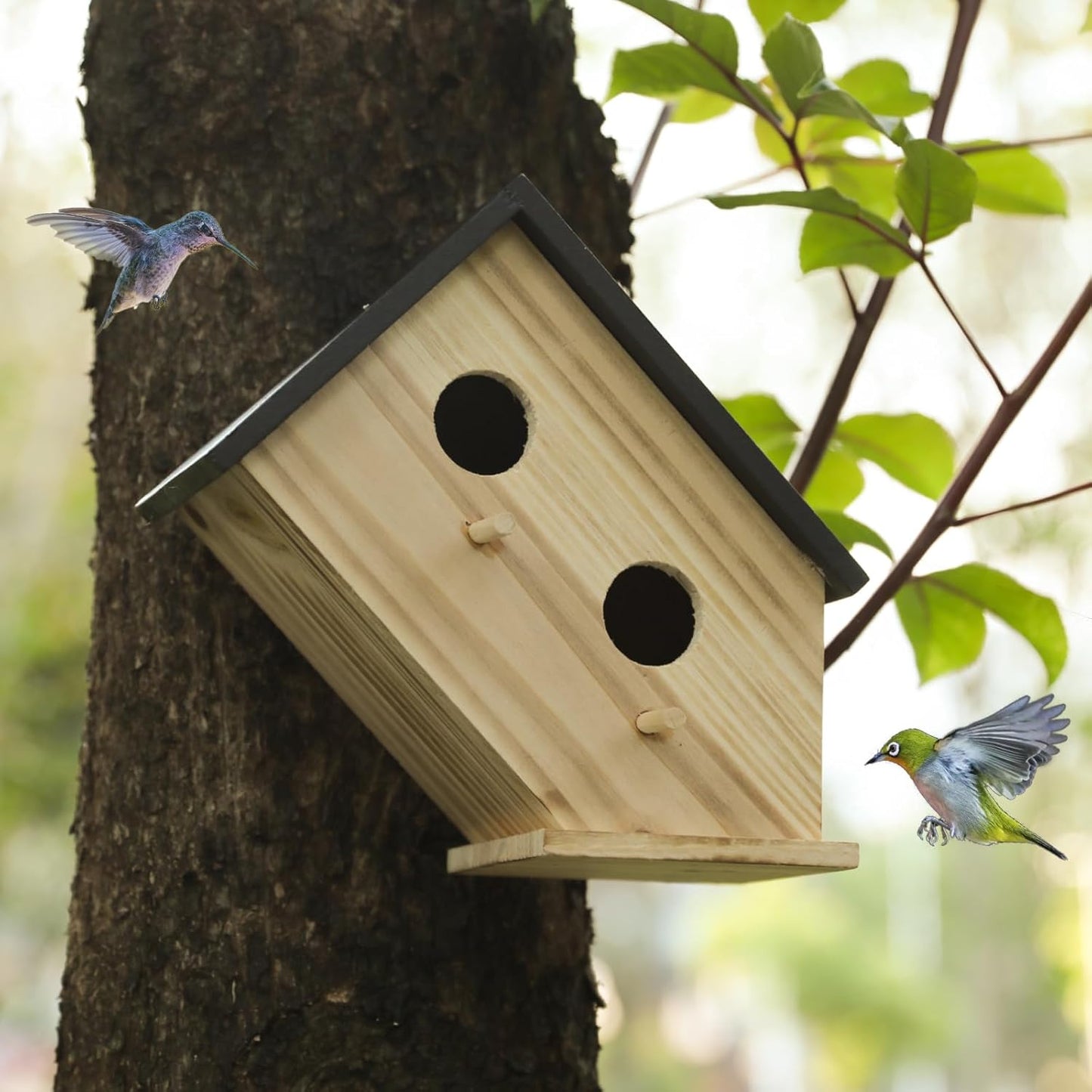 Bird House for Outside, Wooden Birdhouse for Outdoors Hanging - 2 Hole Wren House for Bluebirds Cardinals, Small Garden Bird House with Metal Hook