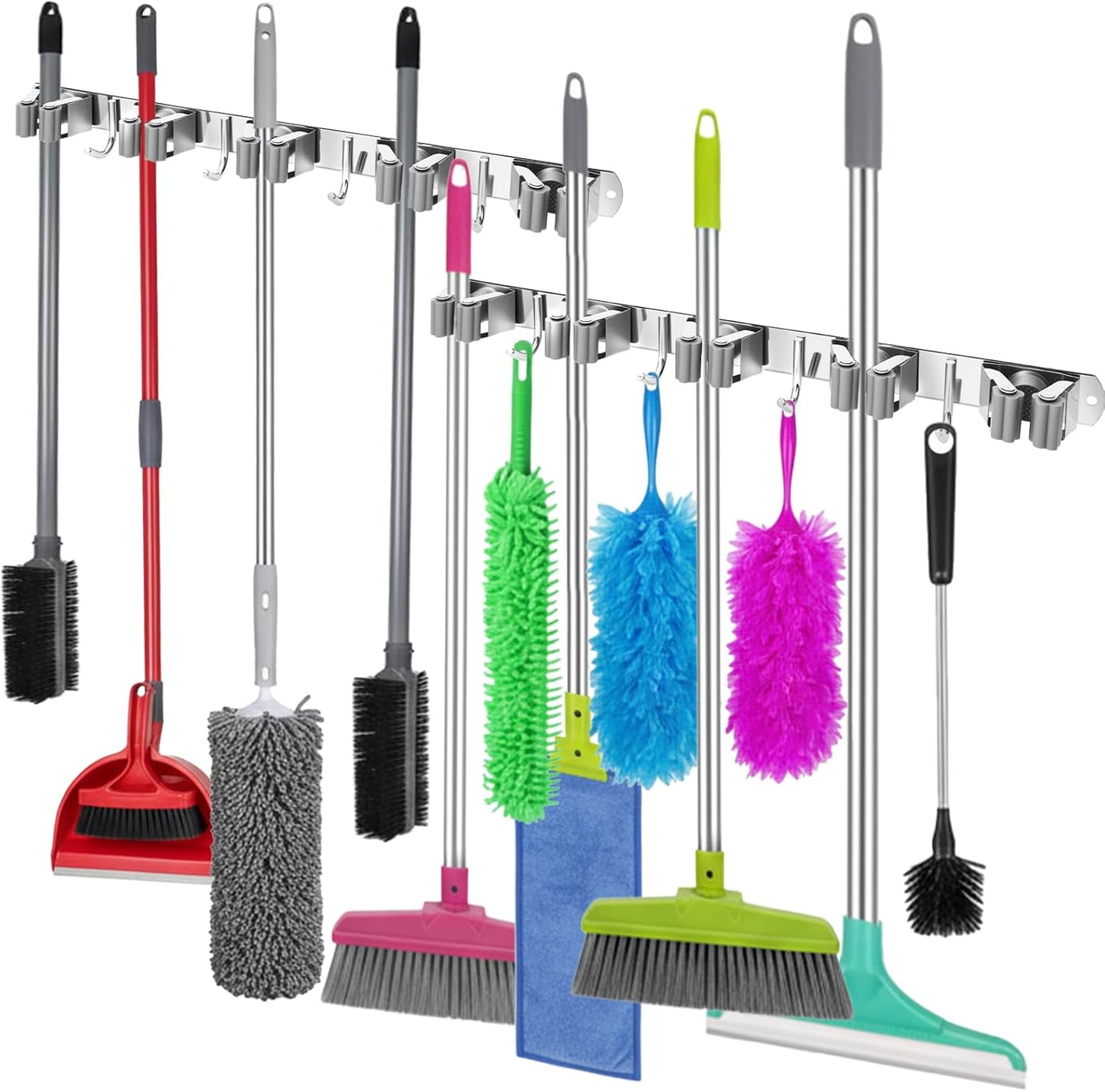 2 Pack Wall Mount Broom Holder, Self Adhesive 5 Racks and 4 Hooks Mop and Broom Organizer Storage Tool Racks Stainless Steel Heavy Duty for Home Kitchen Garden Laundry Garage