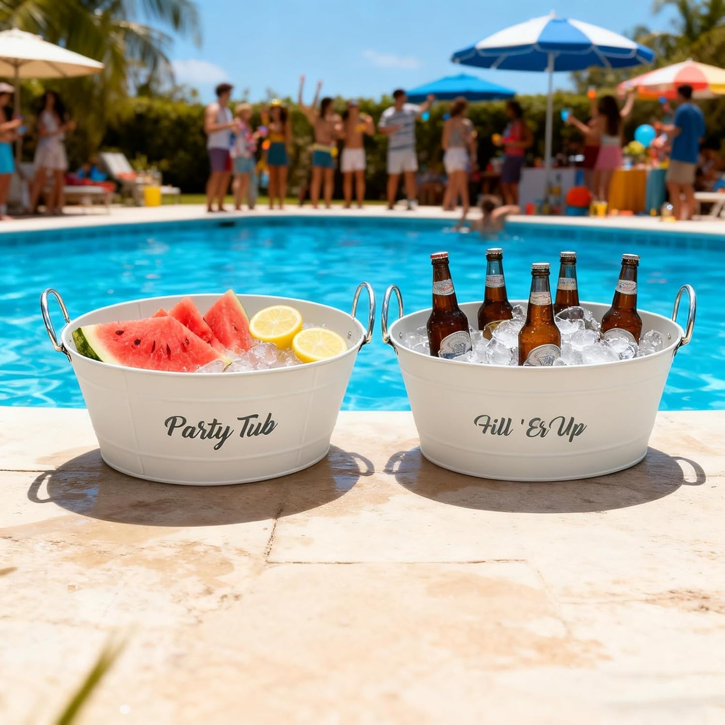2-Pack White Metal Ice Bucket, Beverage Cooler Tub with Stainless Steel Handle - Reinforced Ribbed Design, Silk-Screened Logo & Powder-Coated Surface for Party, Beverage Cooling & Storage