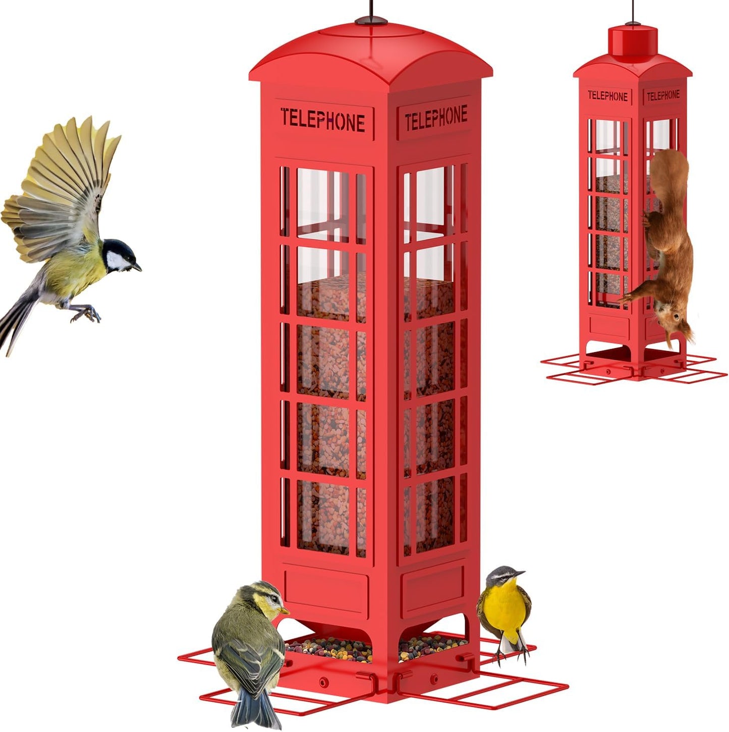 Bird Feeders Squirrel Proof, Weight Activated Metal Wild Bird Feeder for Outdoor Hanging,3LB Large Capacity,Mesh Birdfeeders for Cardinals, Finches, Chickadees-Red