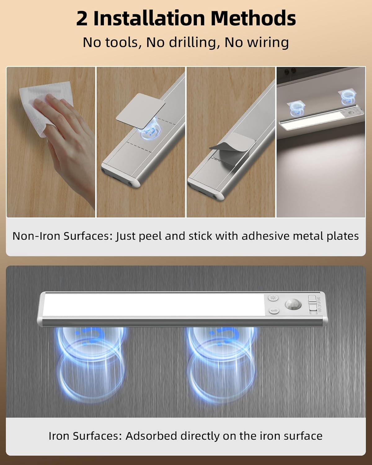 EZVALO Under Cabinet Lighting, 2400mAh Rechargeable Motion Sensor Light Indoor, 3 Color Temps, 5-Level Dimmable Magnetic Wireless Closet Lights for Kitchen, Pantry, Stairs (2 Pack)