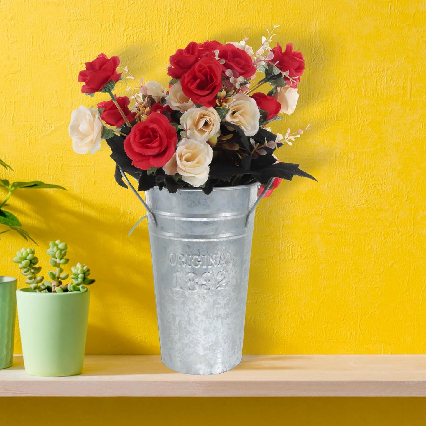 2 Pcs Retro Metal Iron Bucket Flower Vases with Handles, Vintage Rusti