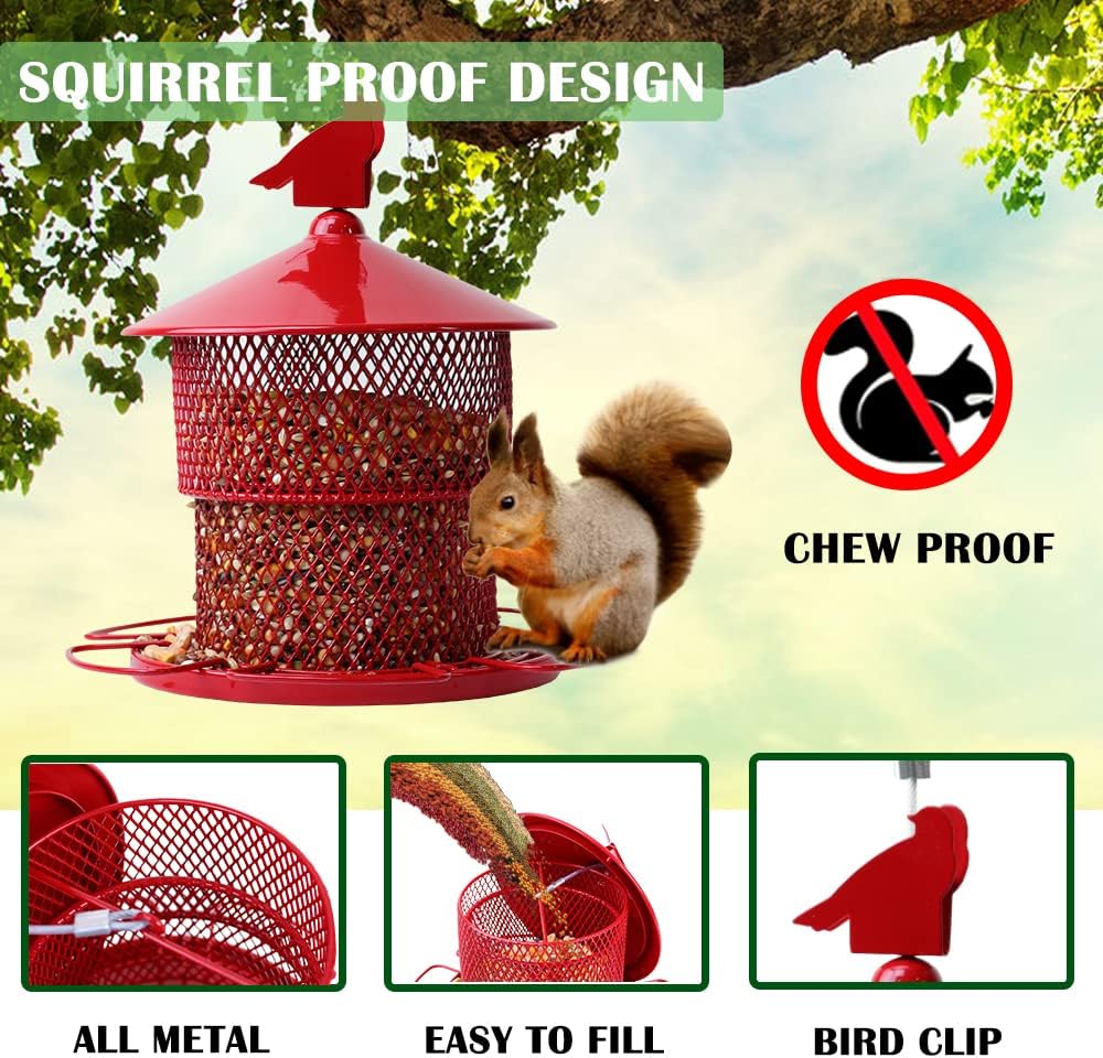 Metal Bird Feeder for Outside Hanging, Bird Feeders Squirrel Proof, 4 Lbs Large Capacity Iron Tube Mesh Wild Birdfeeder for Outdoor Finch Cardinal Chickadees Blue Jay -Red