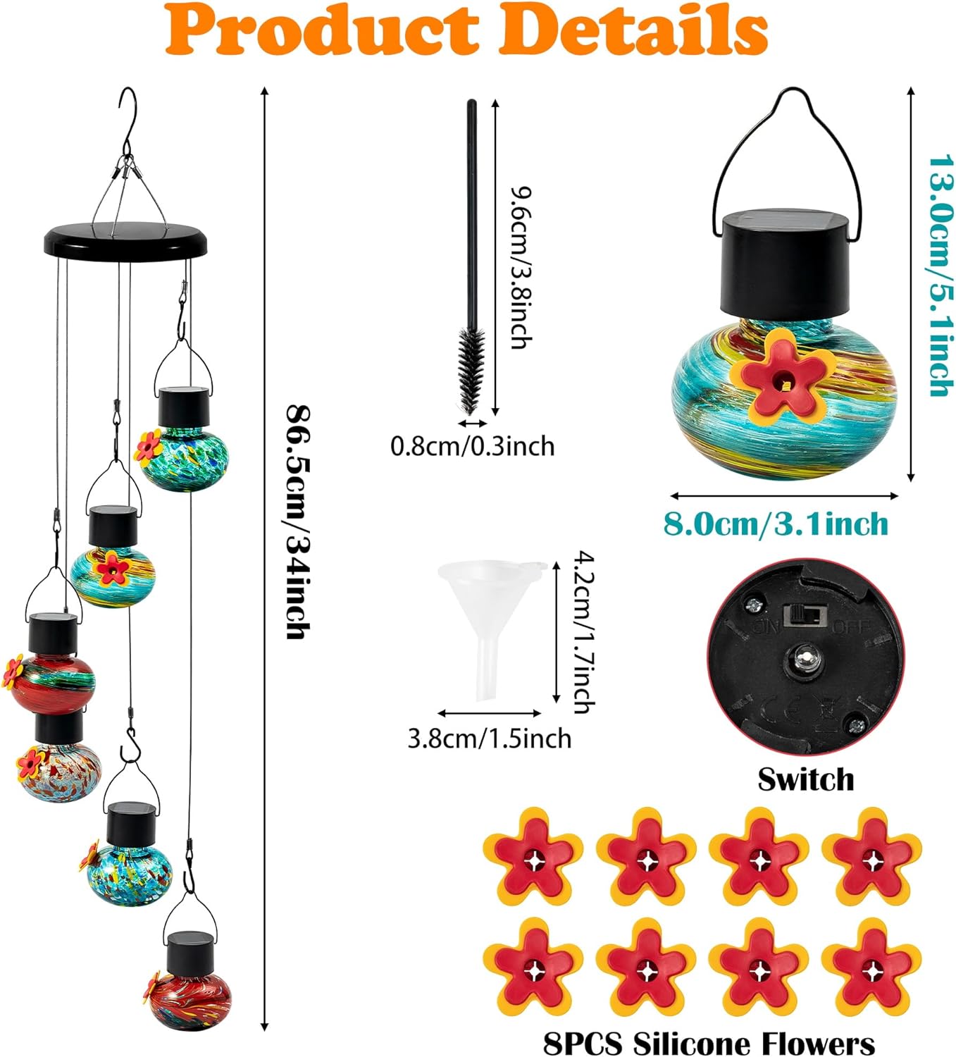 Solar Power Hummingbird Feeders - Colorful Hand Blown Glass Window Wil