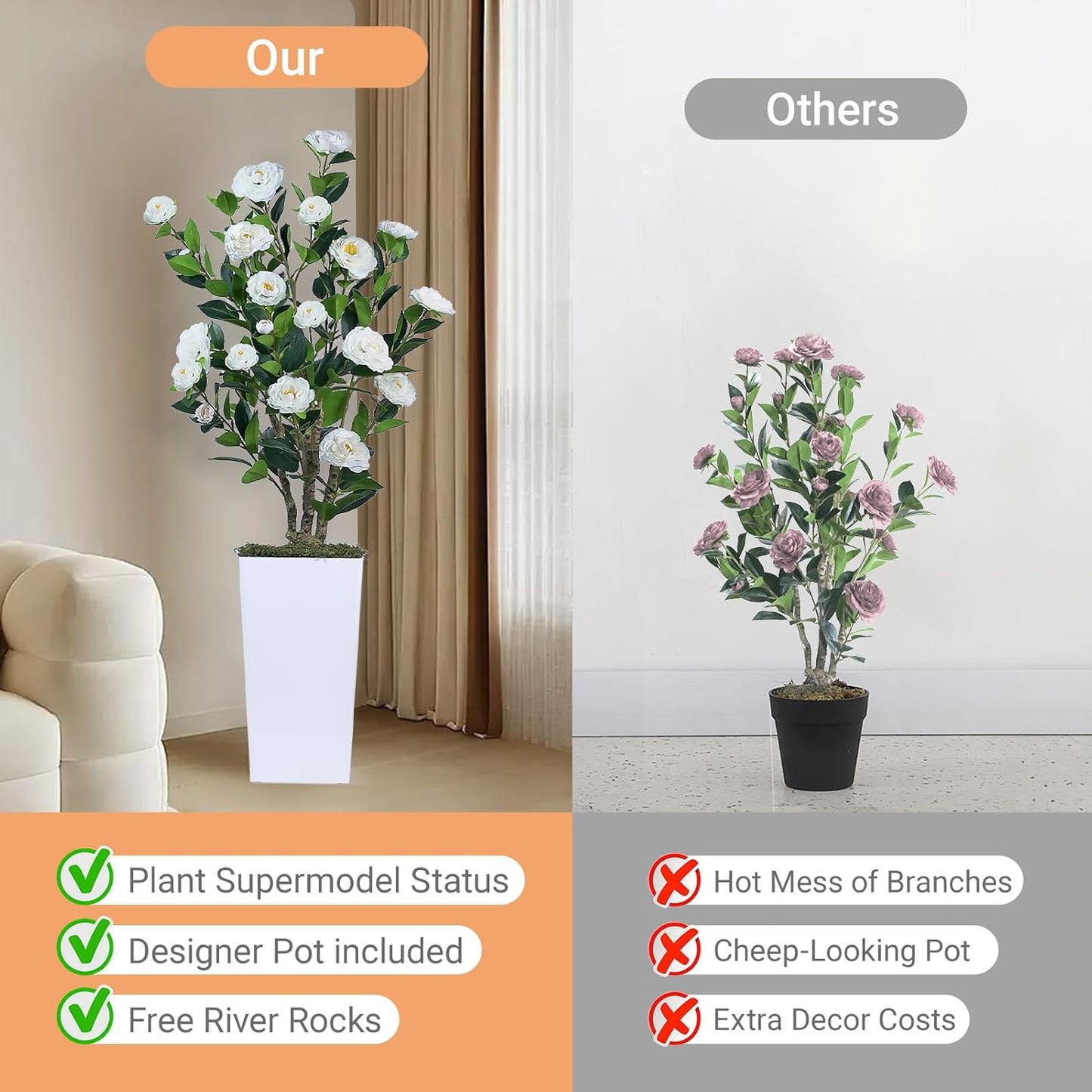 2Pack Artificial Camellia Tree with White Tall Planter – 4FT Faux Camellia Plant in Pot with White Flowers, Greenery Potted Plant for Indoor Outdoor Office Home Porch Decor