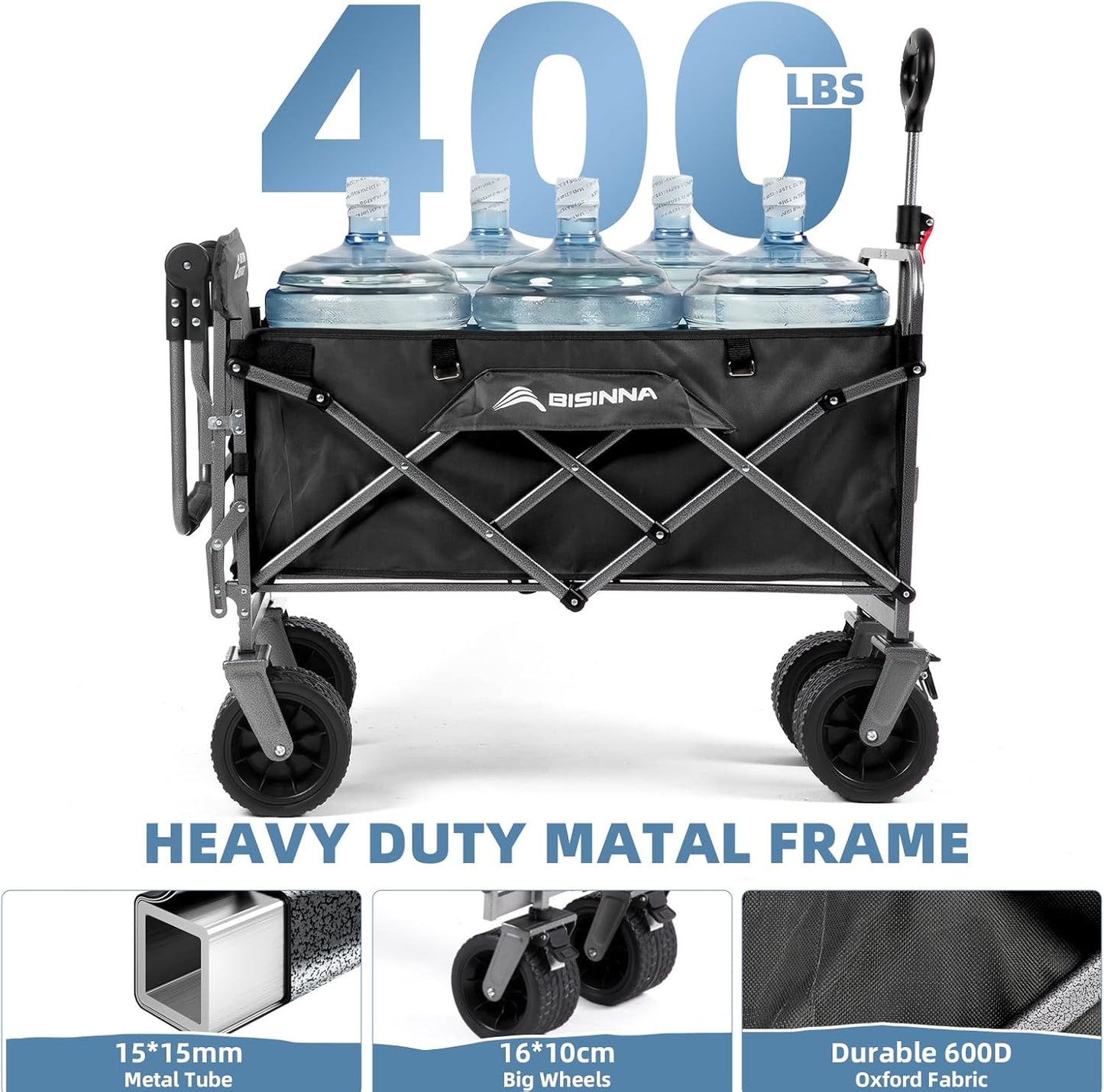 BISINNA Collapsibale Wagon Foldable 400LB Heavy Duty Folding Beach Cart Large Capacity Wagons with Tailgate Big All-Terrain Wheels Utility Outdoor Portable Wagon for Camping, Garden