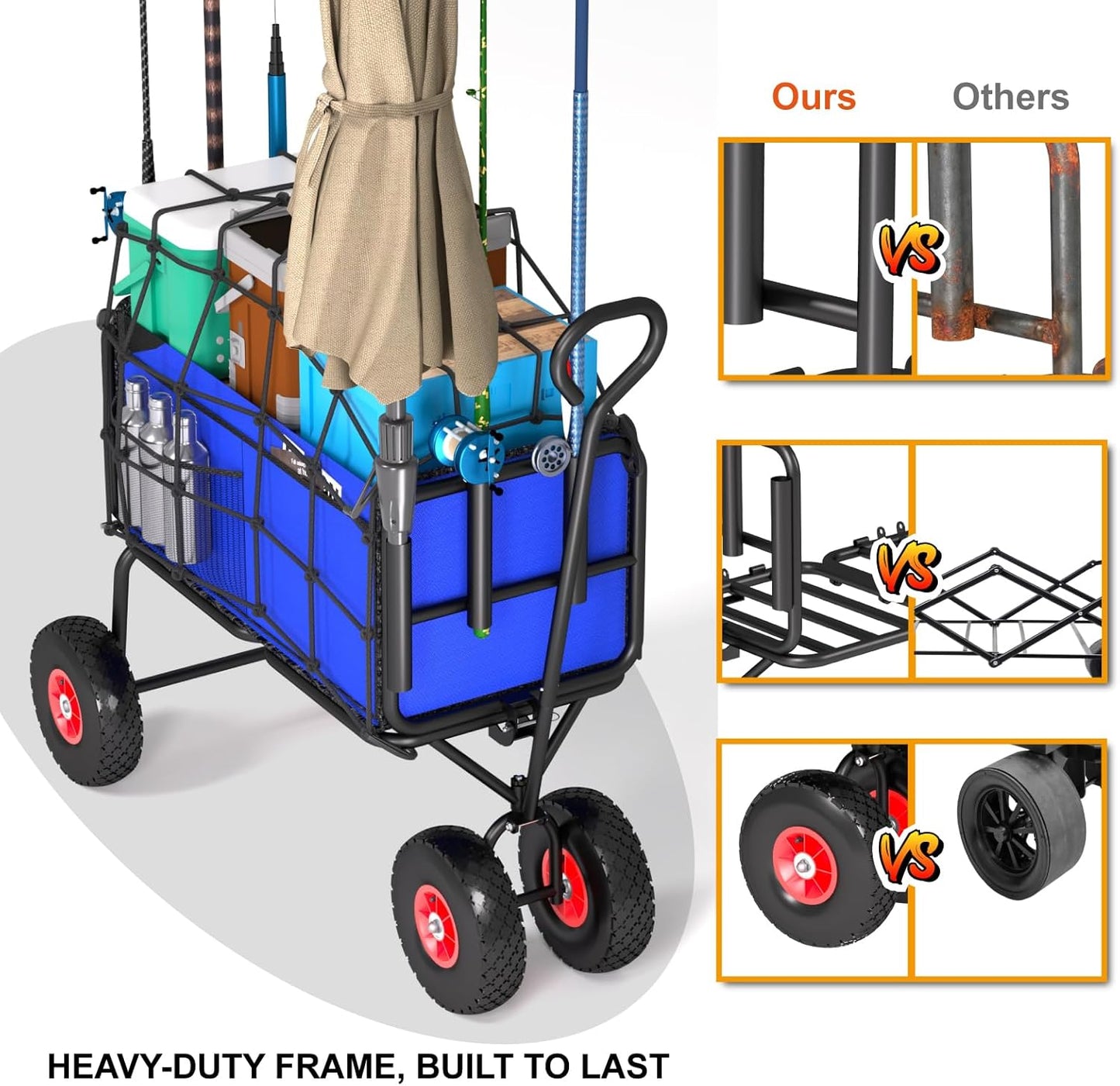 3 in 1 Beach Fishing Cart, Heavy Duty Garden Carts w/All Terrain Inflatable Tires, Folding Wagon Cart, Convert to Chair or Bench with Cushion, Rod Holders and Durable Oxford Bag