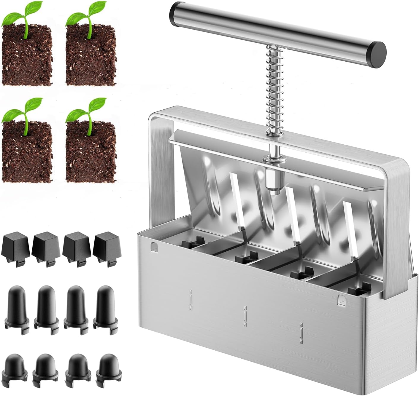 Soil Blocker, 4 Cell Soil Block Maker 2 Inch with 3 Sizes Seed Pins, S