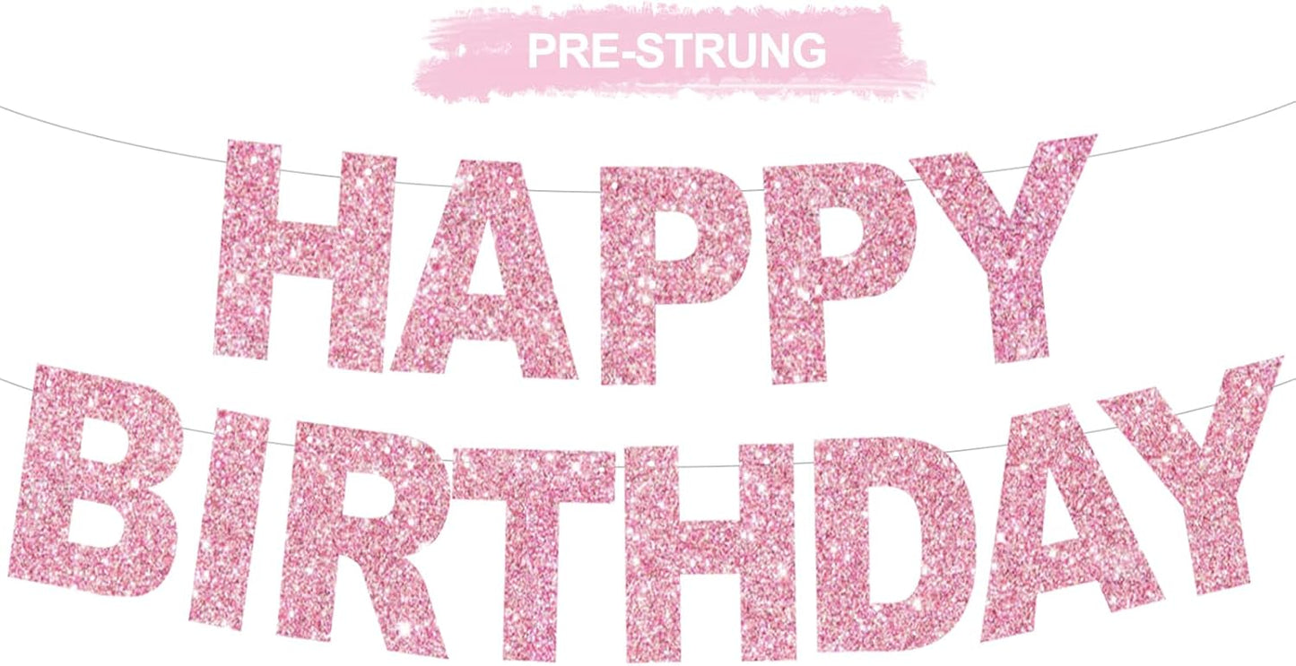 BEISHIDA Happy Birthday Banner - Pink Pre-Strung No DIY Birthday Decorations - Happy Birthday Sign - Birthday Banner for Women, Kids - Backdrop