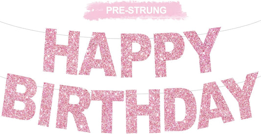 BEISHIDA Happy Birthday Banner - Pink Pre-Strung No DIY Birthday Decorations - Happy Birthday Sign - Birthday Banner for Women, Kids - Backdrop