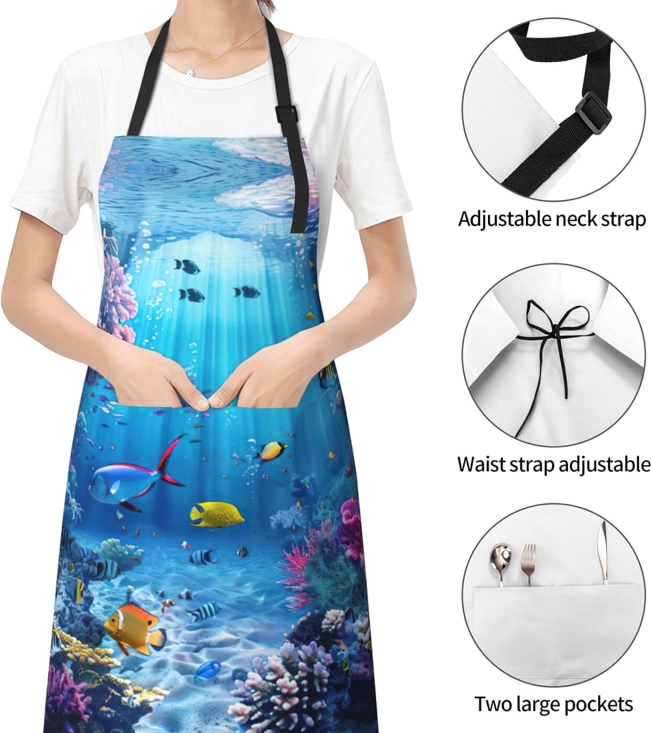 Colorful Ocean Theme print Waterproof chef's apron with pocket apron for kitchen cooking baking barbecue and gardening