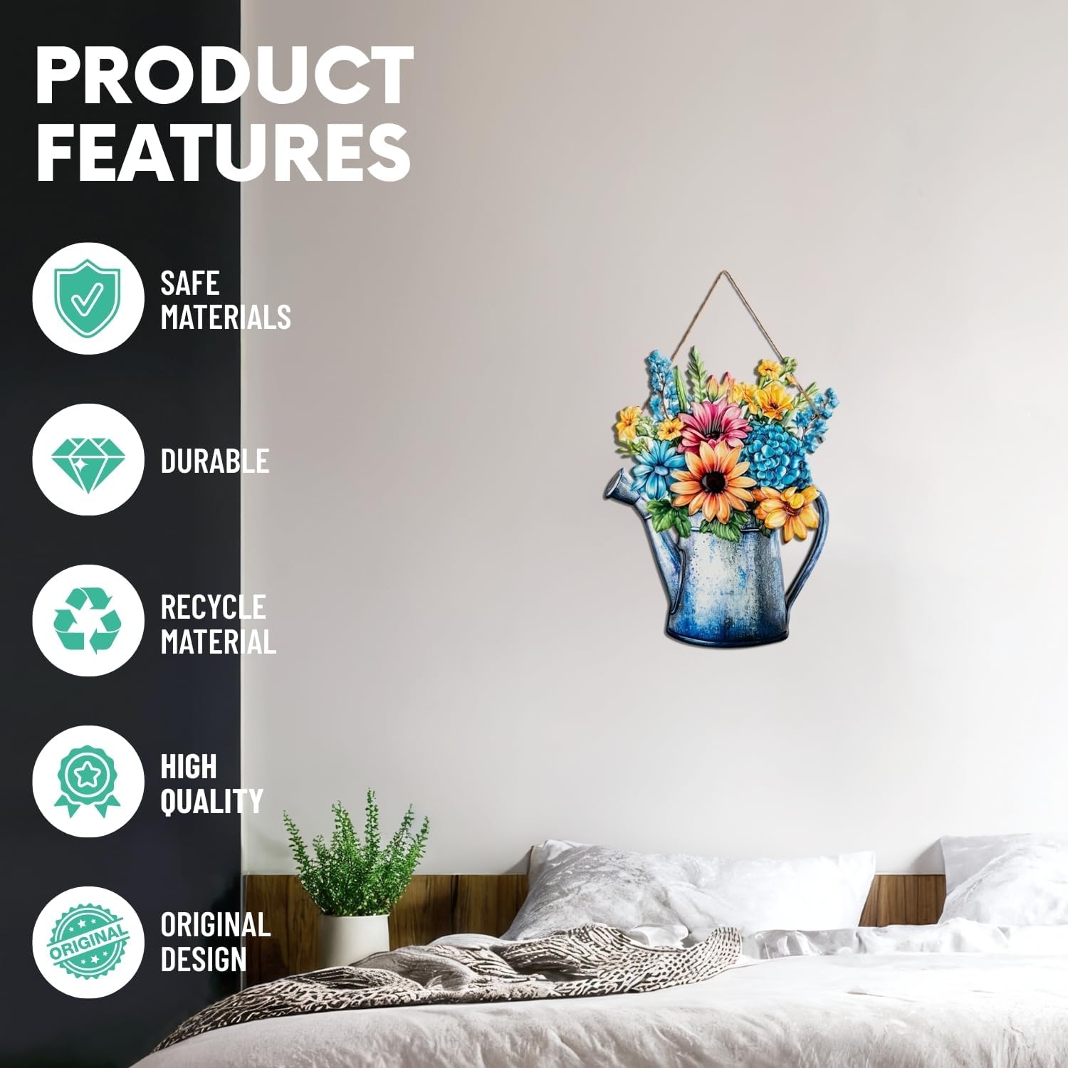 Quterhero Watering Can Flower Wall Decor, Metal Hanging Art for Indoor