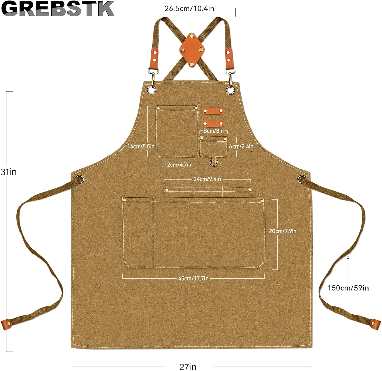 GREBSTK Work Apron Cross Back Adjustable Canvas Tool Apron for Woodwor