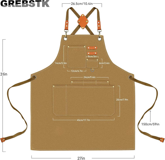 GREBSTK Work Apron Cross Back Adjustable Canvas Tool Apron for Woodworking, Gardening, Cooking