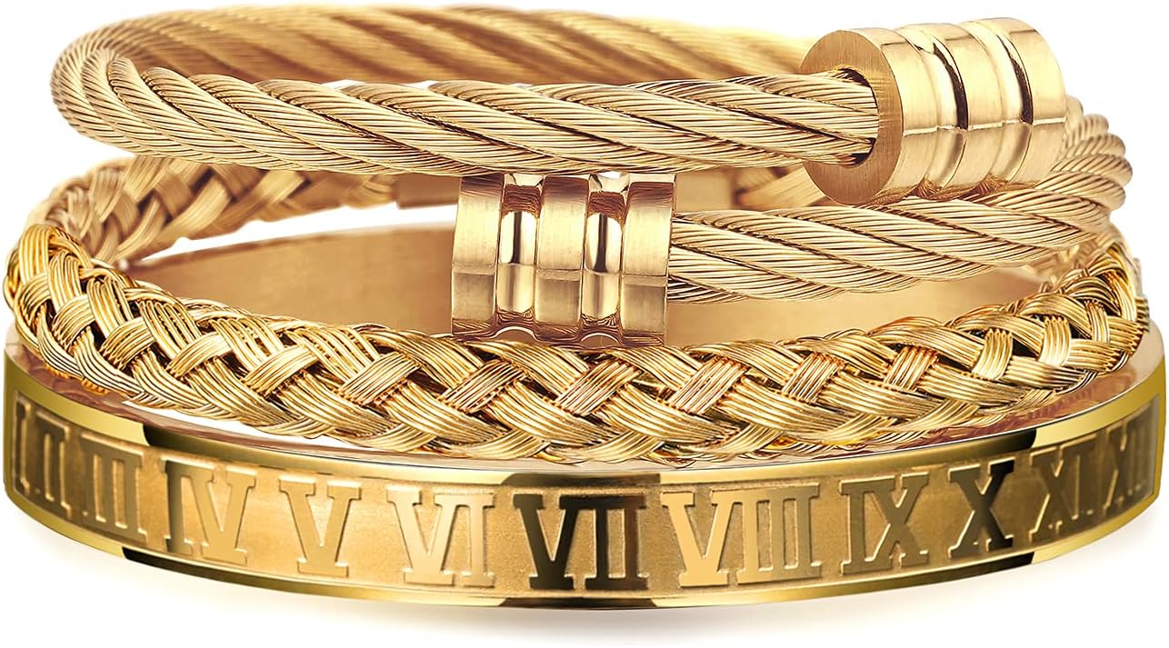 WFYOU 3PCS Stainless Steel Bracelets for Men Gold Roman Numeral Bangle