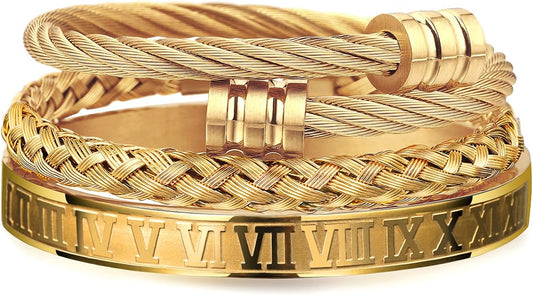 WFYOU 3PCS Stainless Steel Bracelets for Men Gold Roman Numeral Bangle