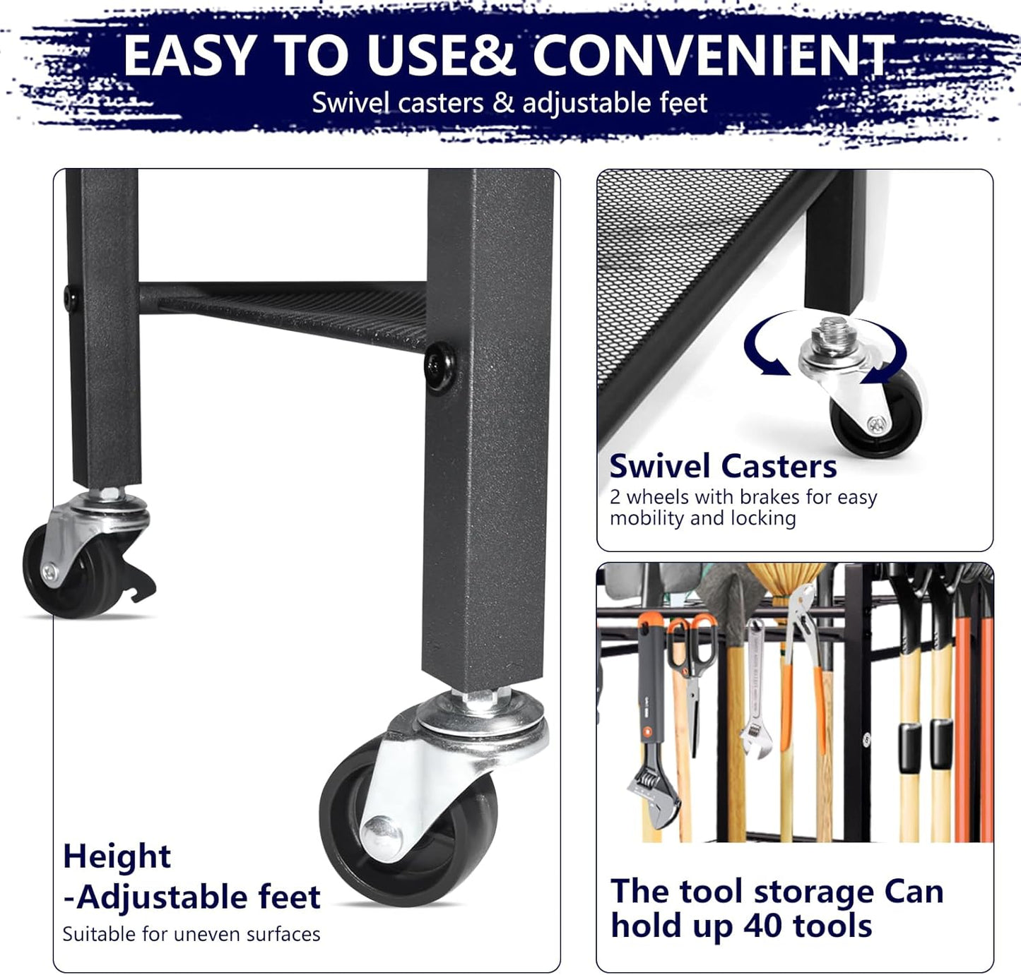 Garden Tool Organizer- 3 Tier Garage Storage and Organization, Holds Up to 35 Long-Handled Tools, Heavy-Duty Metal Holder with 6 Adjustable Hooks, Black