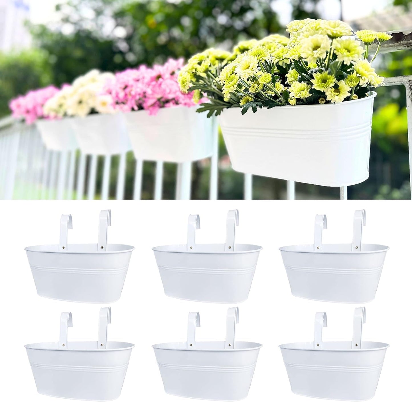 Maxona Metal Iron Hanging Flower Pots, 6 Pack, 9.8 Inch Oval White Railing Fence Hanging Bucket Pots Countryside Style Window Flower Plant Holder with Detachable Hooks Home Décor